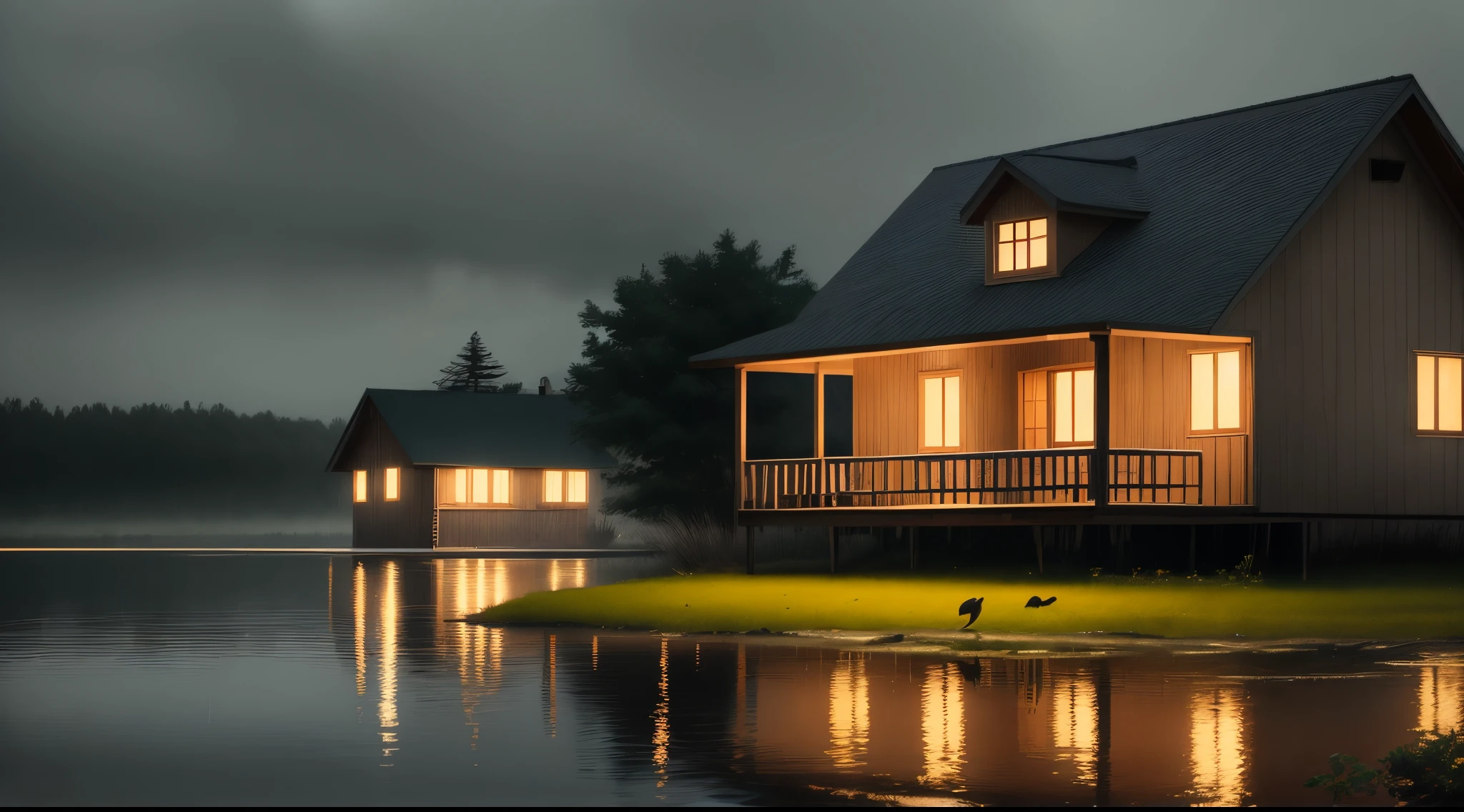 Quiet gloomy night with light rain. House on a lake with a variety of wildlife.