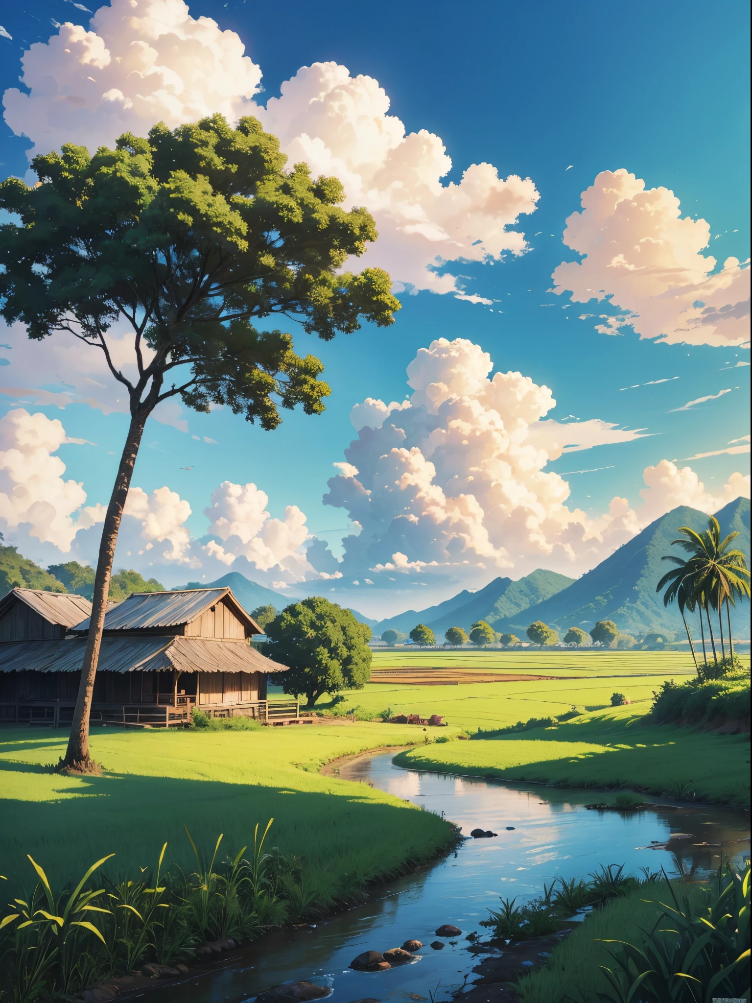 very detail painting of a rice farm with a cow on dirt road, small river, coconut trees, tropical heaven, anime countryside landscape, anime landscape wallpaper, sharp lines, anime landscape, beautiful anime scenery, beautiful puffy clouds. anime, anime scenery, anime background, anime background art, country landscape, anime beautiful peace scene, beautiful anime scene, countryside, hd wallpaper, anime movie background, high quality desktop wallpaper, landscape wallpaper