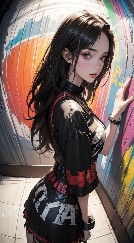 ((8k wallpaper of extremely detailed CG unit, ​masterpiece, hight resolution, top-quality, masutepiece)), ((a very beautiful woman, Grunge Fashion:1.2, Model-like posture:1.5)), ((Top quality real texture skins, extra detailed face, Highly detailed black eyes, Contrasting eyes, extra detailed body)), (A dark-haired, The long-haired, de pele branca), ((Colorful wall)), (high-angle:1.1, Fisheye:1.3), hyper realisitic, digitial painting,