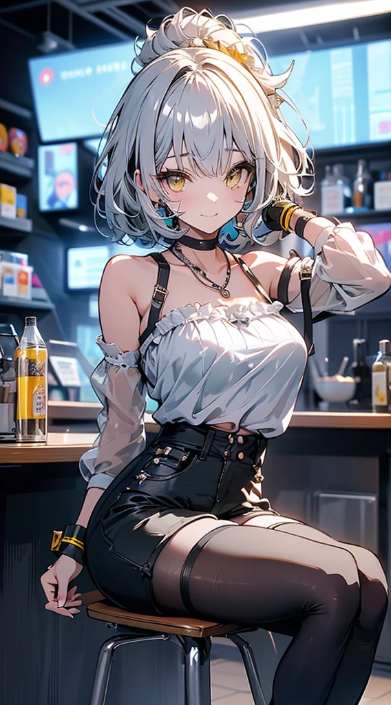 anime illustrated、Moe、white  hair、curlyhair、Short hair with bounce on the outside、Blue Mesh、Gray owl wings grow from his waist.、A cafe with a rural atmosphere、a beauty girl、Yellow eyes、Very thick thighs、Black headband、Model body type、Cuffs、Black knee socks、Black tube top、a choker、denim hot-pants、Green jewelry on the chest、Archaic Smile、超A high resolution、Close-up of people、Plump body、Colossal tits、cyberpunked、Navel Ejection、Bright eye highlights、Anatomically correct human body、sit on a small round chair、Go on a date