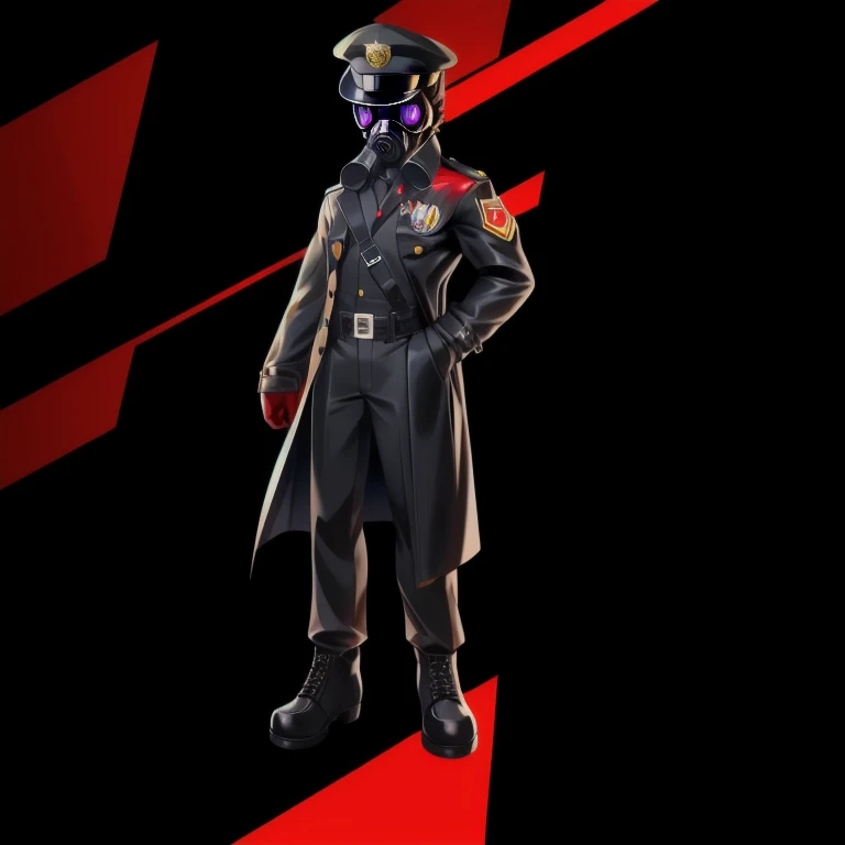 solo, male, rabbit, yellow colored fur, lean body, anthropomorphic rabbit, black leather trench coat, black barreta hat (red rims),  officer like clothing, badges and medals on trench coat, purple eyes, lower half of gas mask, blood on lower parts of the trench coat