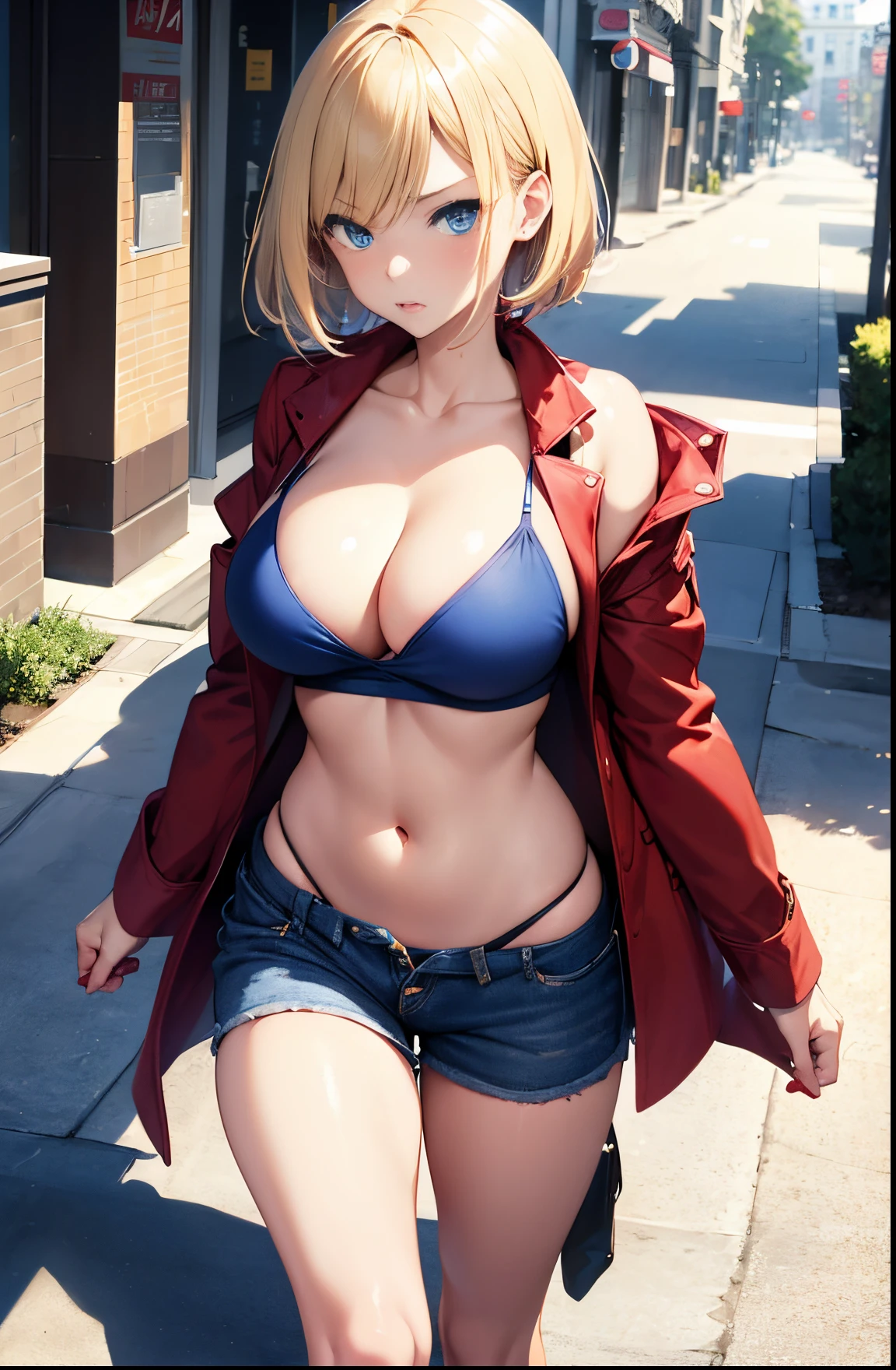 2D Anime Style、Blue eyes、Beautiful shining eyes, (Talented lo-fi:1.3),breasts are slightly larger、high and beautiful nose, Beautiful face with slender contours,A cool adult woman with short blonde hair and an angry expression......................、Fashion that shows your stomach and cleavage, red clothes and long coat,Walking around the city,