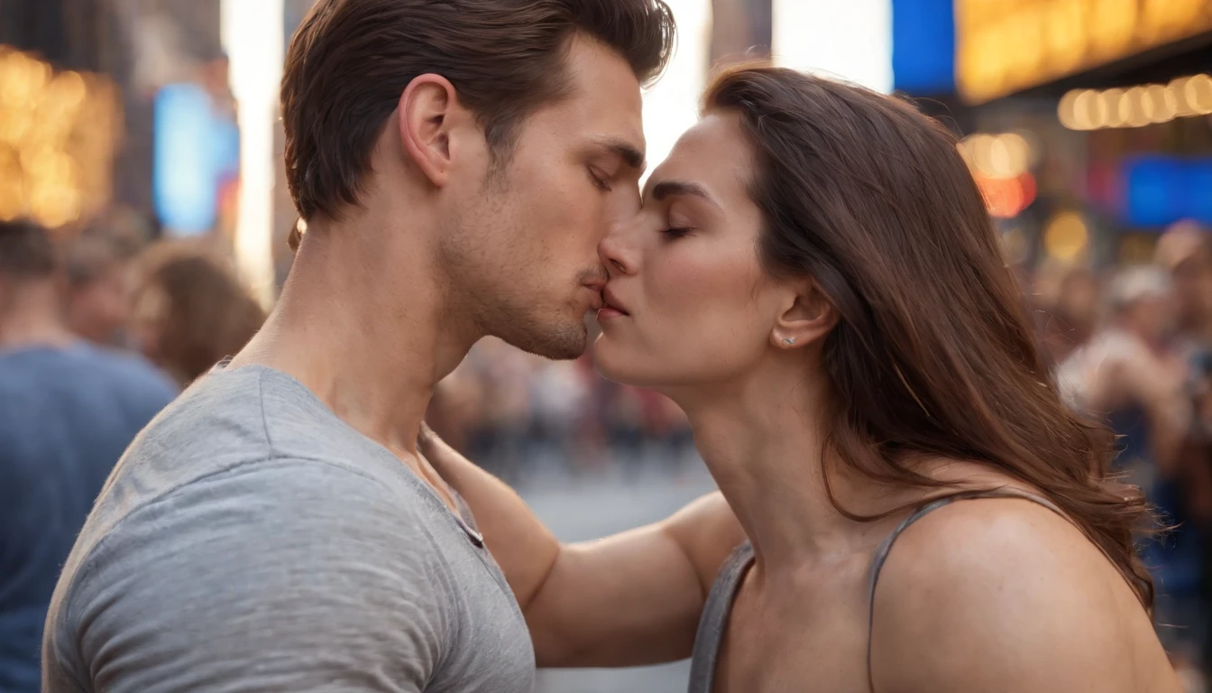 photo of stunning two handsome muscular Thai men kissing sitting outdoors at a New York cafe in Times Square, New York, no female, honey eyes, short messy windy dark brown hair, flipping hair, closeup zoomed in tight crop portrait, people watching, top-view (New York cafe in Times Square, New York:1.2) (day time:1.2) wearing a (linen shorts and no shirt:1.3) (Lighting-the golden hour:1.2) foreground objects background details (masterpiece:1.2) (photorealistic:1.2) (bokeh:1.2) (best quality) (color grading) (detailed skin:1.3) (no shirt:1.3) (intricate) (8k) (HDR) (cinematic lighting:1.3) (sharp focus) (fix fingers), messy windy hair, Location Times Square, New York