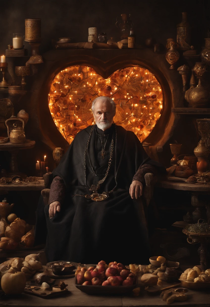 A photo of a heart, intricately dissected and surrounded by various alchemical ingredients and tools.,Game of Thrones,Qyburn is an older man, wears a maester's robe and chain, famously portrayed by Anton Lesser, male