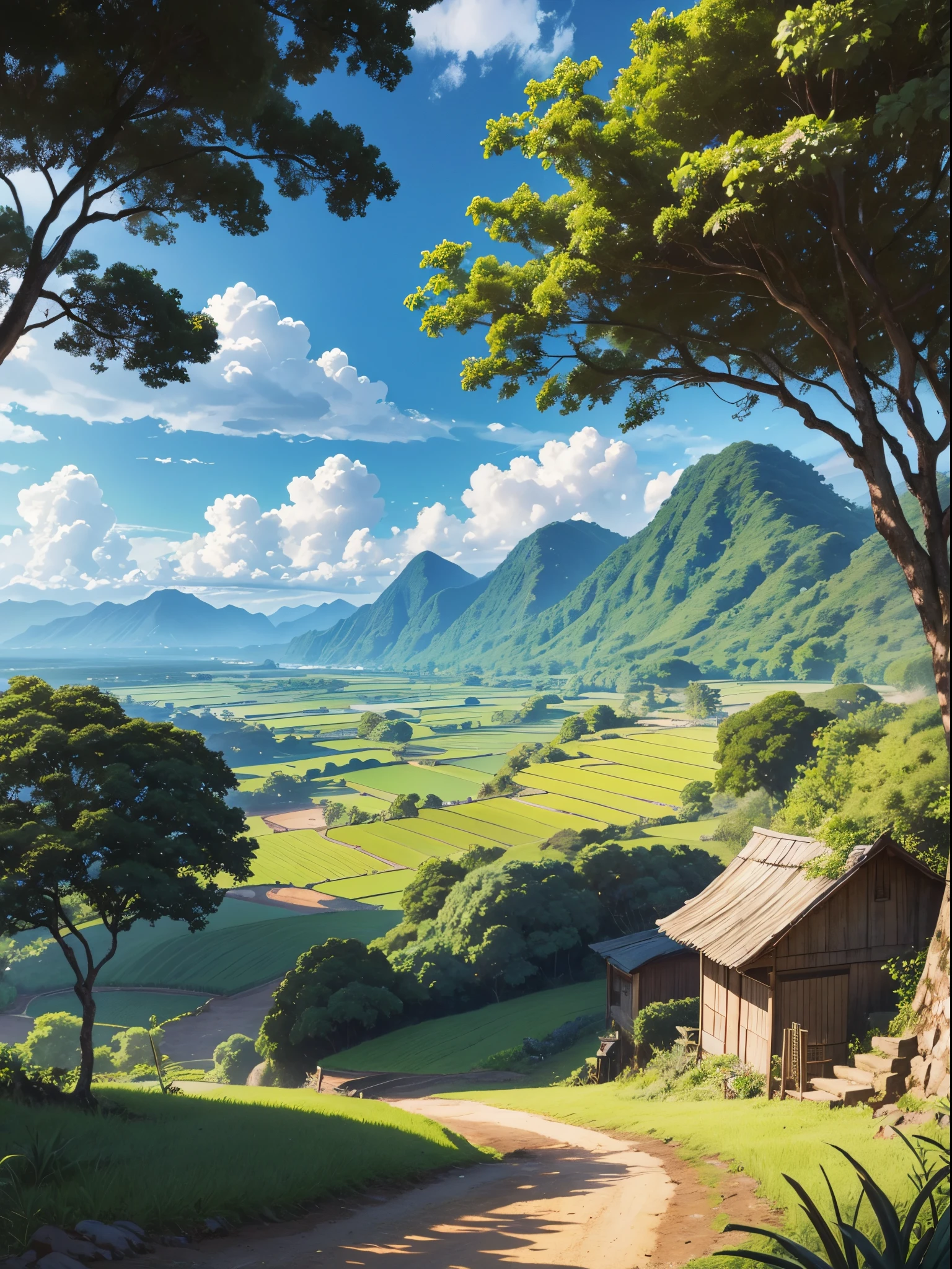 very detail painting of a rice farm, dirt road, small rocky river, coconut trees, tropical heaven, anime countryside landscape, anime landscape wallpaper, sharp outlines, anime landscape, beautiful anime scenery, beautiful puffy clouds. anime, anime scenery, anime background, anime background art, country landscape, anime beautiful peace scene, beautiful anime scene, countryside, hd wallpaper, anime movie background, high quality desktop wallpaper, landscape wallpaper