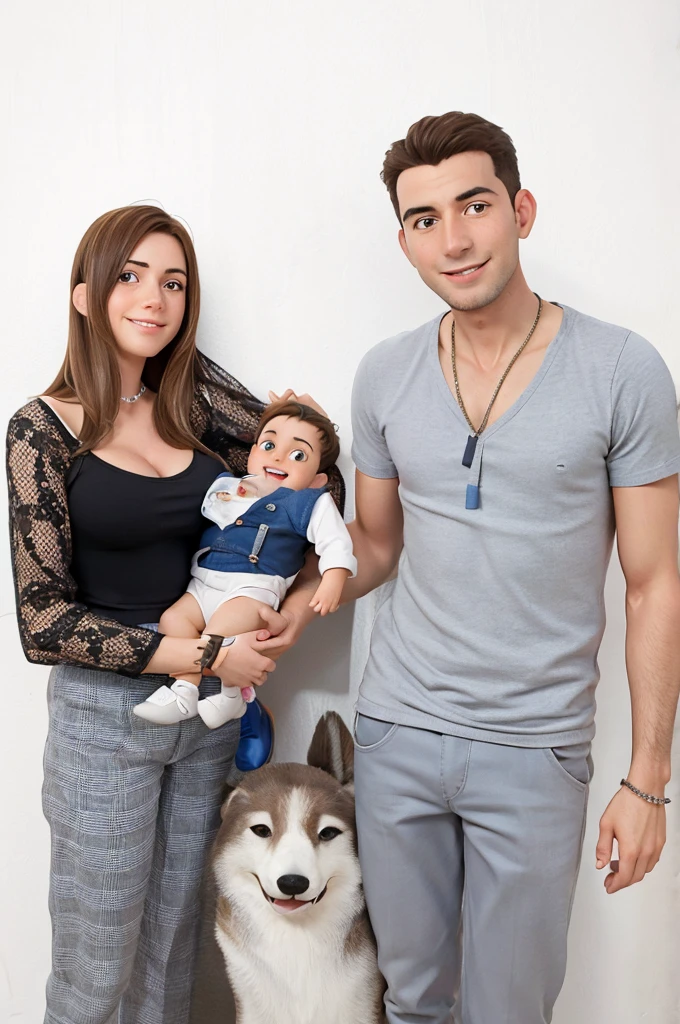 The man and woman are sociable with their son in the bras souriants également