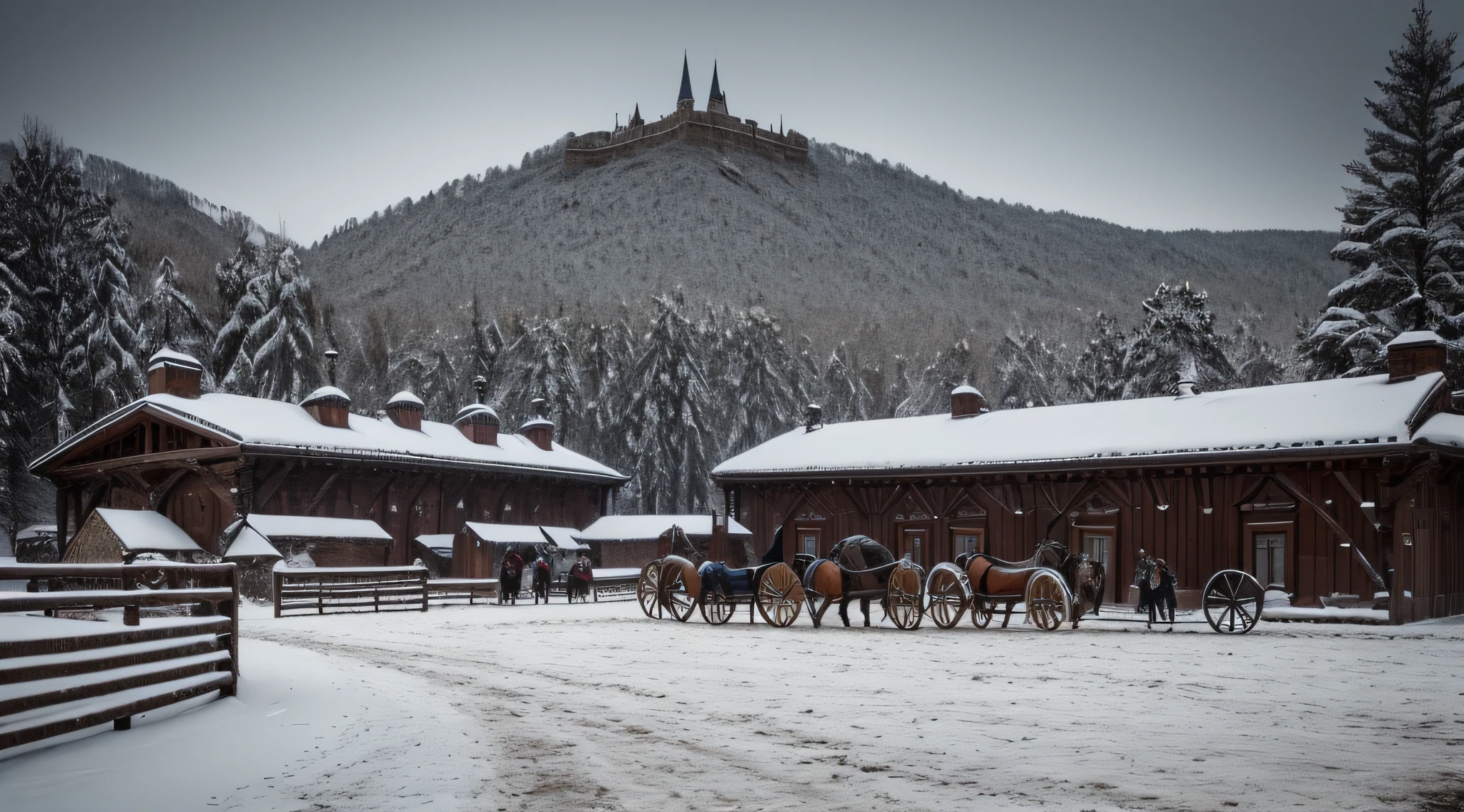 A busy medieval Hungarian stables on the castle grounds in winter, day, morning, snow,, photo realistic, best quality, gothic vibe, ultra realistic, cinematic, cinematic scene from period film, 8k, high resolution, in the style of cinematographer Dion Beebe