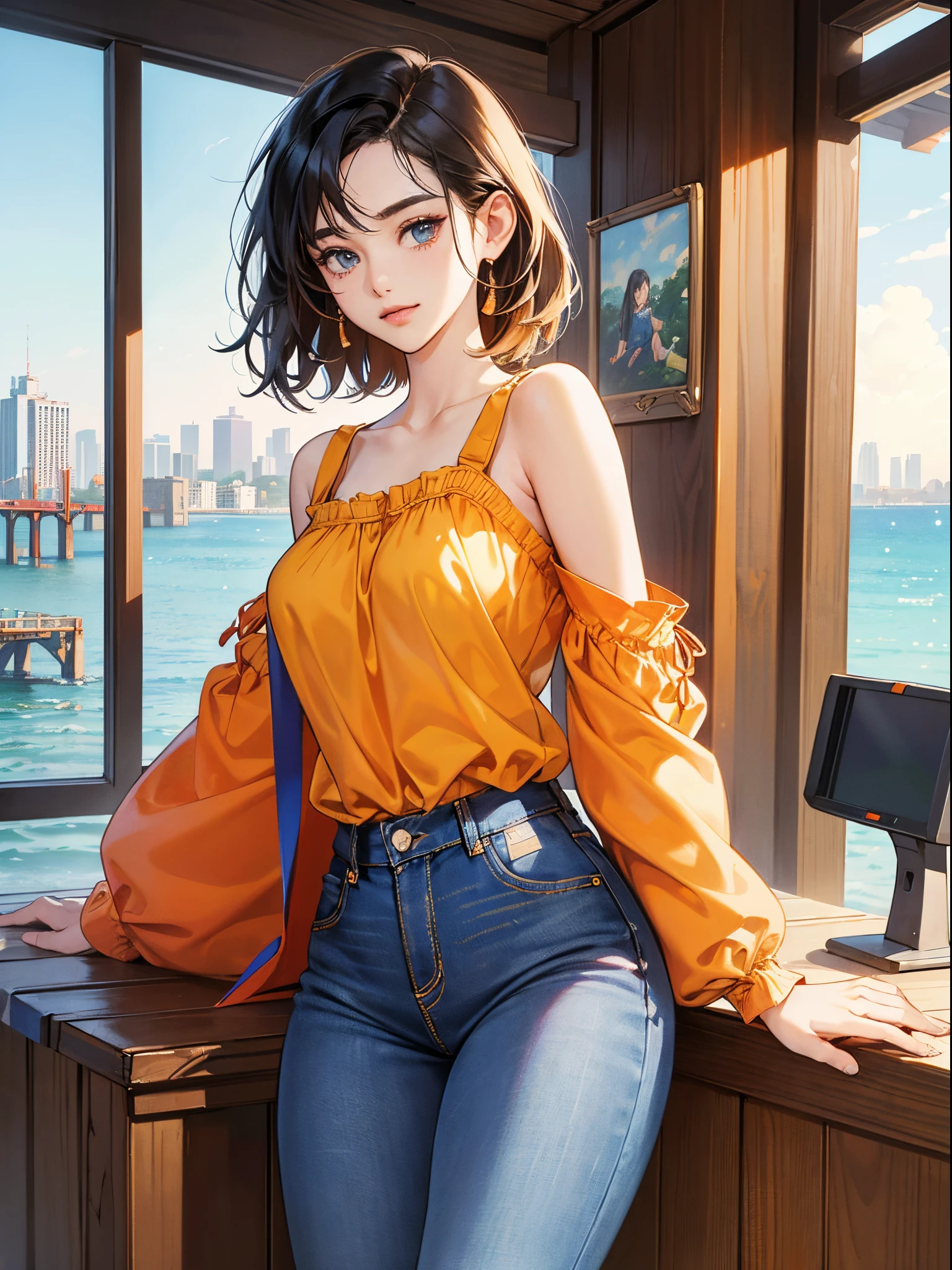 Orange and Indigo Keynote Speech、Vibrant colors、((​masterpiece)))、(((top-quality)))、((ultra-detailliert))、(A hyper-realistic)、(highly detailed CGillustration）、Official art、CD cover、City Pop、seaside、It will be、Mid summer、Stylish、glorious 1980s、Cool Beauty、cochetti gorgeous、matchless beauty、camisole、jeans、Female Solo、Perfect Angle、perfect-composition