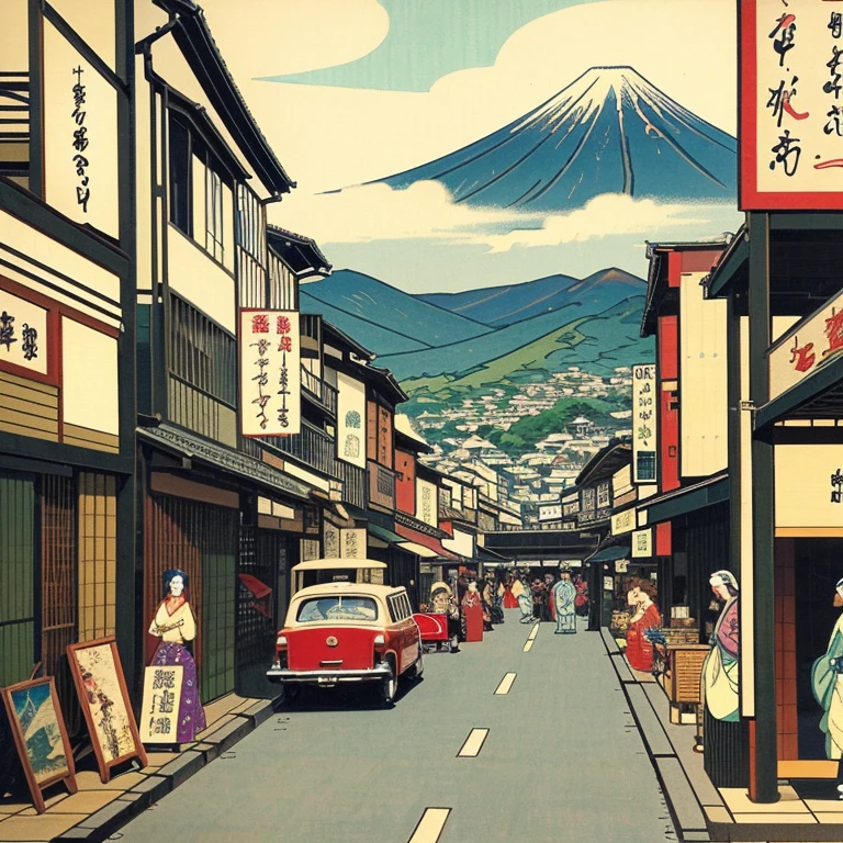 ((ukiyoe painting))、(Beautuful Women:1.5)、motor car、Kaigan Street、High waves、Mt fuji、Toyota、corolla、etchings、