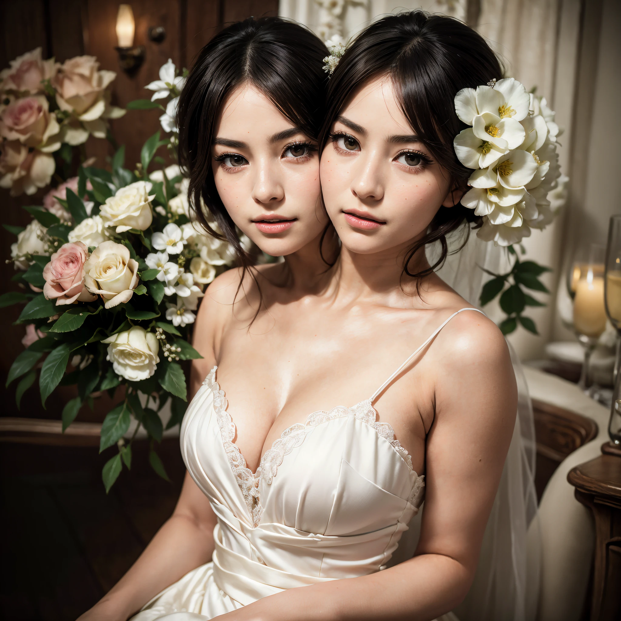 masterpiece:1.2, best quality), realistic, (real picture, intricate details, depth of field), (2heads:1.4), (1girl, solo), make up, parted lips, highly-detailed, perfect face, (skindentation), thick thighs, wide hips, small waist, tall, glossy coral lips,, (A girl in a wedding dress with flowers in hands )), sexy, blushing, Mikasa from AOT