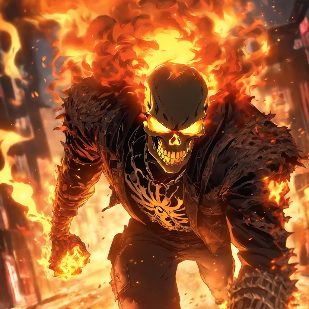 (RAW photogr, Best quality at best), (actual, Realistic photos: 1.3), Best quality at best, The is very detailed, tmasterpiece, ultra - detailed, illustratio, Ghost Rider, Burning skull, Black jacket, Black Jeans, Black shoes, Epic background, Stand like ghost rider, The upper part of the body, Ghost Rider costume, Best quality at best, extremely detaild的 CG unified 8k wallpapers, ink, Amazing Cleavage, badass look, sportrait, closeup cleavage (Skull texture), intricately details, finely detailled, the ultra-detailed.