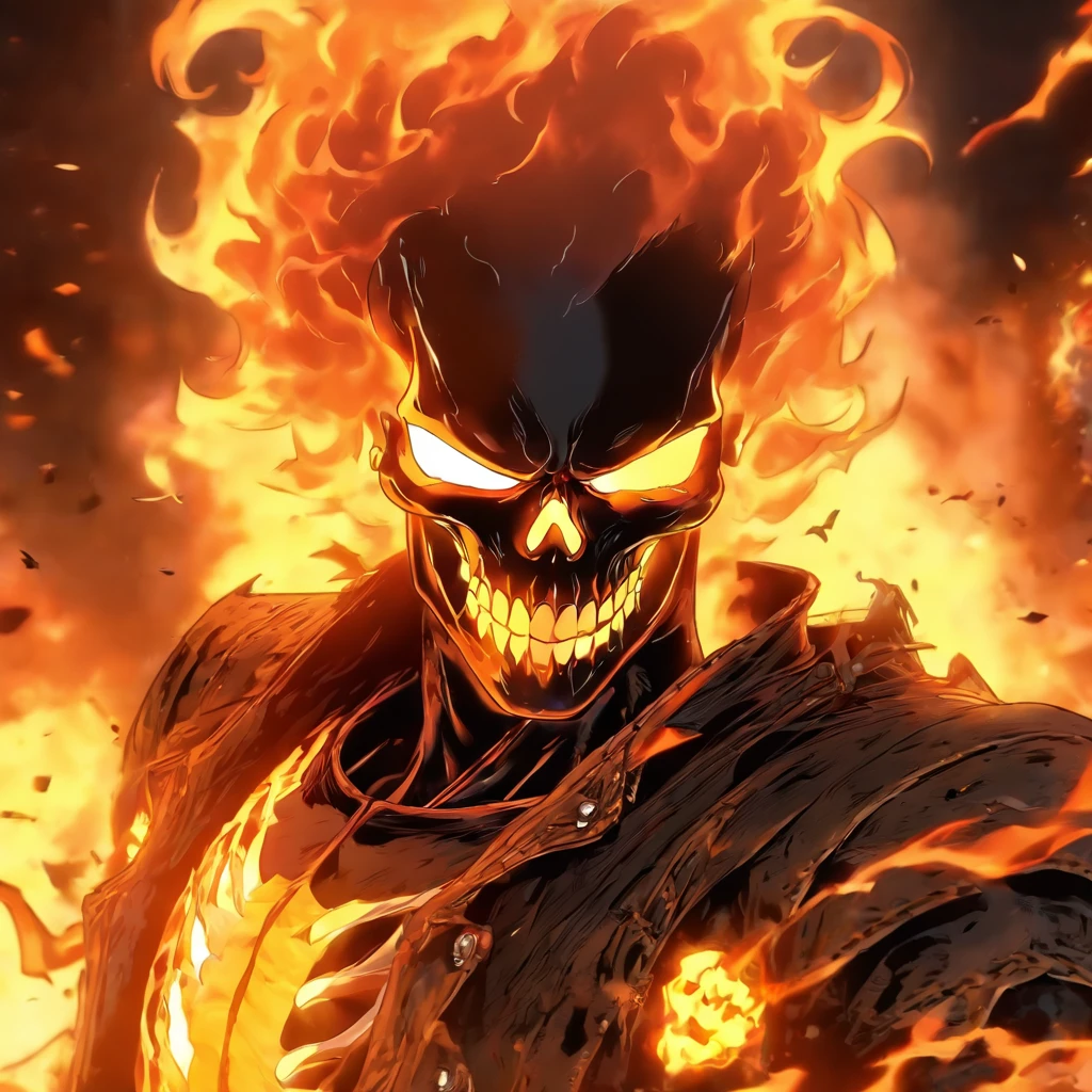 (RAW photogr, Best quality at best), (actual, Realistic photos: 1.3), Best quality at best, The is very detailed, tmasterpiece, ultra - detailed, illustratio, Ghost Rider, Burning skull, Black jacket, Black Jeans, Black shoes, Epic background, Stand like ghost rider, The upper part of the body, Ghost Rider costume, Best quality at best, extremely detaild的 CG unified 8k wallpapers, ink, Amazing Cleavage, badass look, sportrait, closeup cleavage (Skull texture), intricately details, finely detailled, the ultra-detailed.
