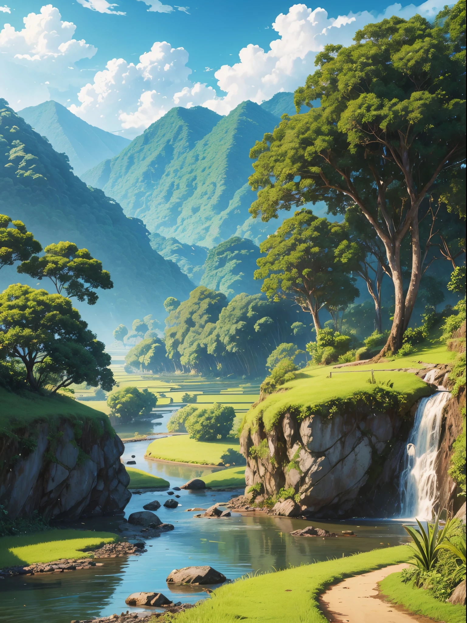 very detail painting of a rice farm, dirt road, small rocky river, coconut trees, tropical heaven, anime countryside landscape, anime landscape wallpaper, sharp outlines, anime landscape, beautiful anime scenery, beautiful puffy clouds. anime, anime scenery, anime background, anime background art, country landscape, anime beautiful peace scene, beautiful anime scene, countryside, hd wallpaper, anime movie background, high quality desktop wallpaper, landscape wallpaper