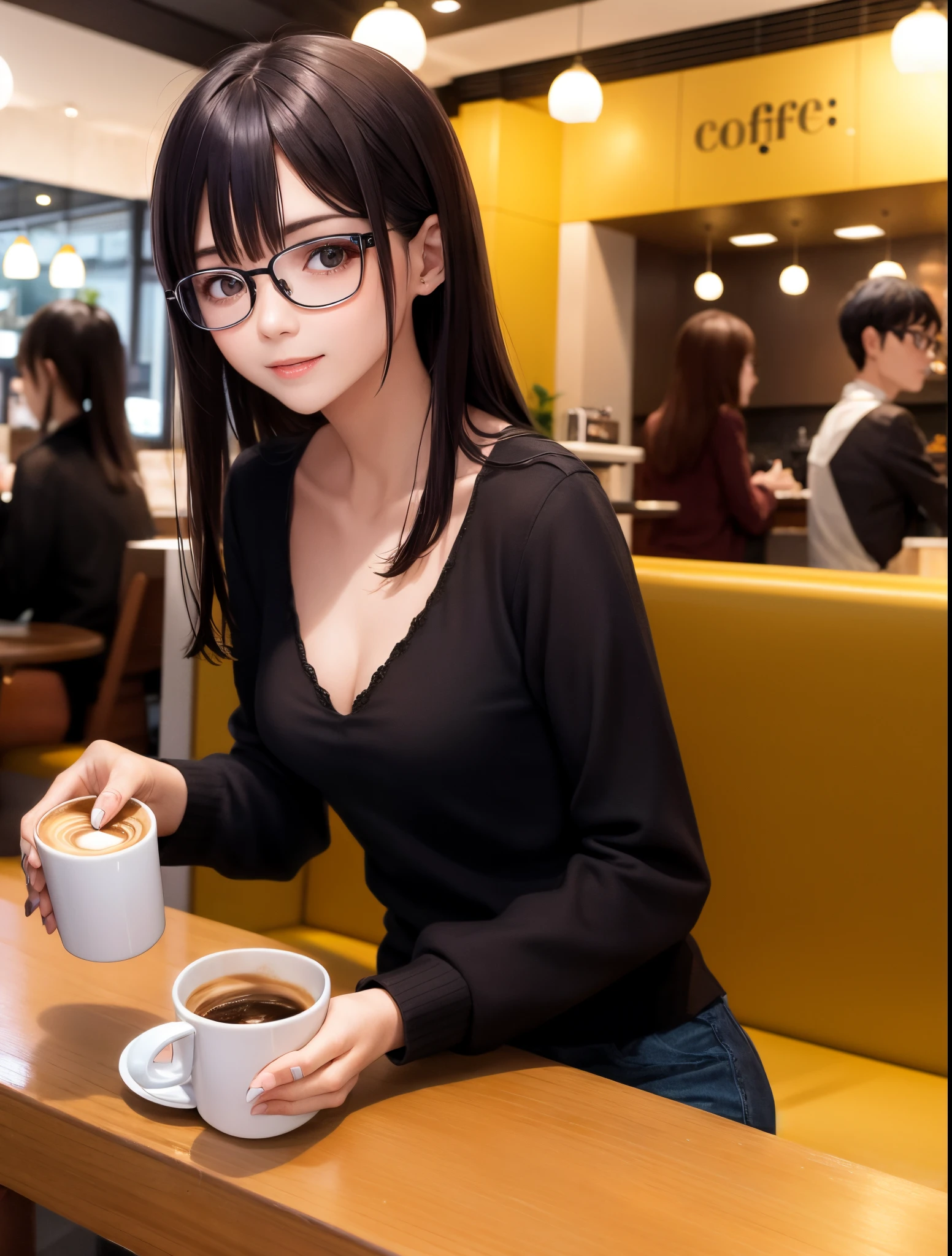 asian human、4K、realisitic、a picture、45 year old mature woman、Wearing glasses。The glasses are square and elongated black.。breasts are small。Autumn clothes that don't show any skin。
Straight hair、rcasual。Drinking coffee at a clothes cafe、Cafe at night