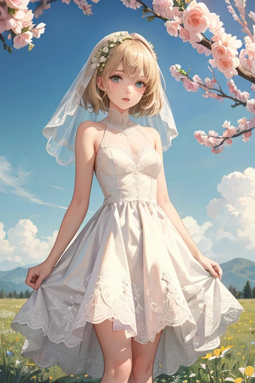 ultra-detailed:1.3), (illustration:1.2), (disheveled hair, beautiful detailed eyes)1.1, (high resolution),
(solo), (1 girl), knees ,
17 years old, green short hair, intake,
(slender line wedding dress:1.2),
fluffy hair, blond eyes, private style,
meadow background, blue sky, standing,