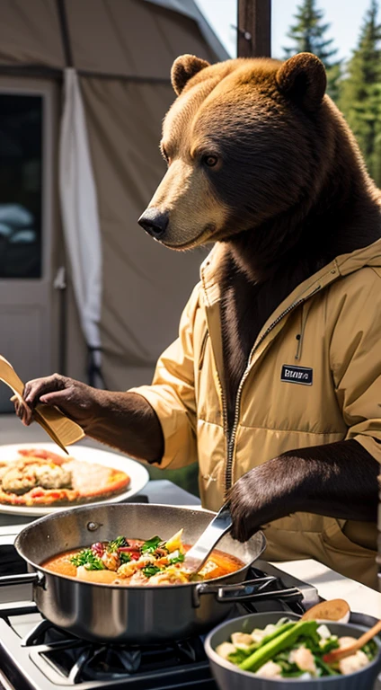 A bear wearing a down jacket is cooking food at camp.