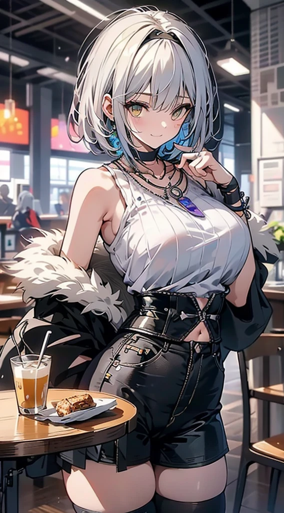 anime illustrated、Moe、white  hair、curlyhair、Short hair with bounce on the outside、Blue Mesh、Gray owl feathers grow from the waist..、A cafe with a rural atmosphere、a beauty girl、Yellow eyes、Very thick thighs、Black headband、Model body type、purple cufflinks、Black knee socks、Black tube top、a choker、denim hot-pants、Green jewelry on the chest、Archaic Smile、超A high resolution、Close-up of people、Plump body、Colossal tits、cyberpunked、Navel Ejection、Bright eye highlights、Anatomically correct human body、sit on a small round chair、Go on a date