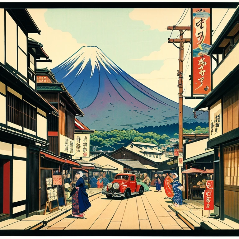 ((ukiyoe painting))、(Beautuful Women:1.5)、motor car、Kaigan Street、High waves、Mt fuji、Toyota、corolla、Motorcycles、