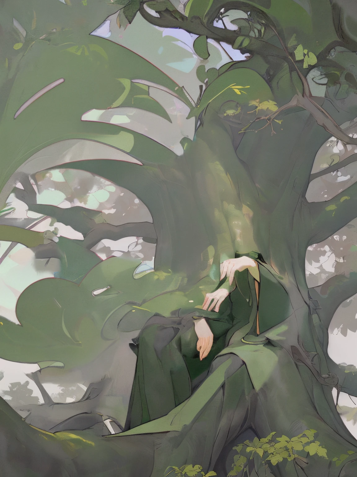 A boy in green,Sit reclining,The teenager has long black hair,Green coat with wide sleeves,style antique,cultivating immortals