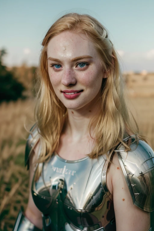 Ultra realistic photography of dbwl woman with many huge beauty marks on her natural pale white skin  ,  (((  full body portrait  ))) ,  SFW,  (((wearing chrome paladin armor))), chest,

 ((fighting stance)),   in frame,  natural (  pale light blonde eyelashes) , blue eyes, medieval background,
 detailed Natural pale white skin  with (many huge round beauty marks) , smile, light pale blonde eyebrows,
 happy, clean cheeks,
detailed, natural light blonde,  outdoors, sunny, high resolution, photograph, RAW photo, chr0me4rmor, [[sexy]]