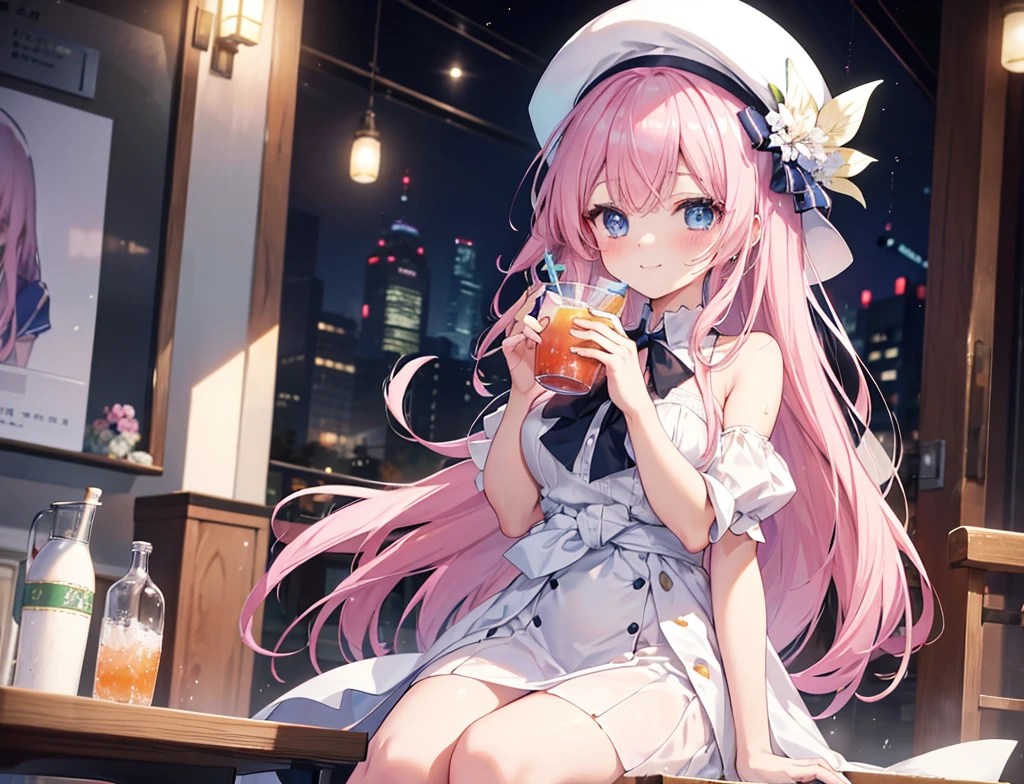 high-level image quality、High-performance、highdensity、Super fine、animesque、Woman、Background of Shinjuku City、Sitting on a bench、have a drink in your hand、White Dress、white stylish hat、Shy face、A smile、Sweat all over the body、beautiful skin like a fairy、sharp、woman、Beautie、Pink hair、Blue eyes、hair grows below waist、Bust 95、waist 61、hip 91、Welcome to the classroom where ability is the best! Honami Ichinose motif