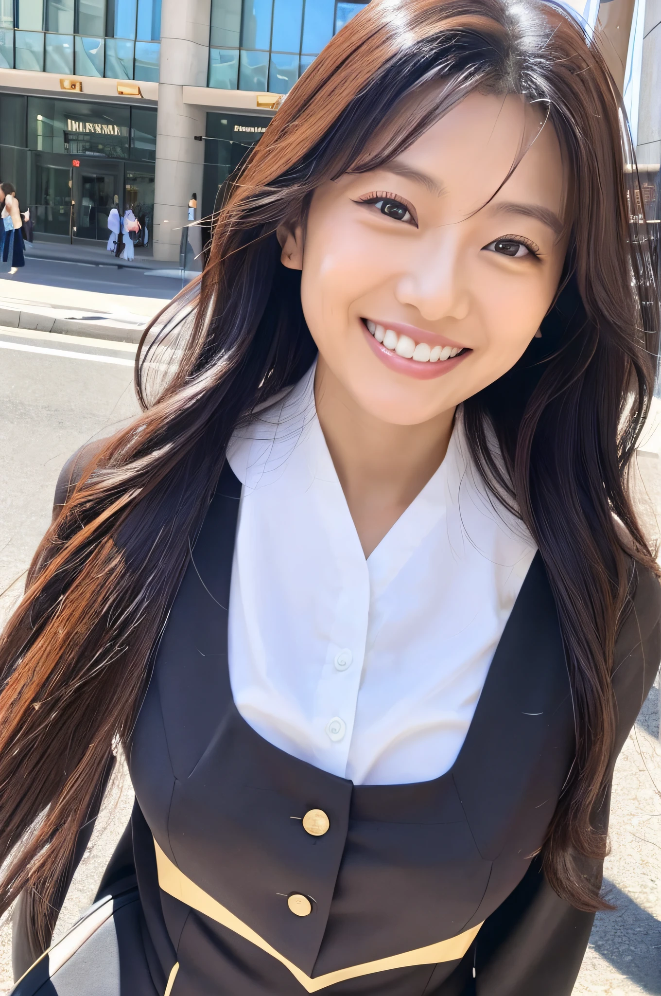 A Japanese milf, photo of one lady, Slender figure, Realistic teeth, double eyelids, smile, full-length, at the city, masterpiece, best quality