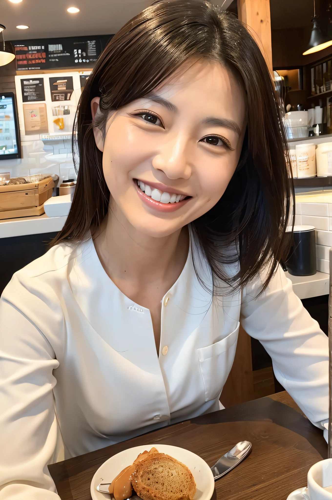 A Japanese milf, photo of one lady, Slender figure, Realistic teeth, double eyelids, smile, full-length, at the cafe, masterpiece, best quality