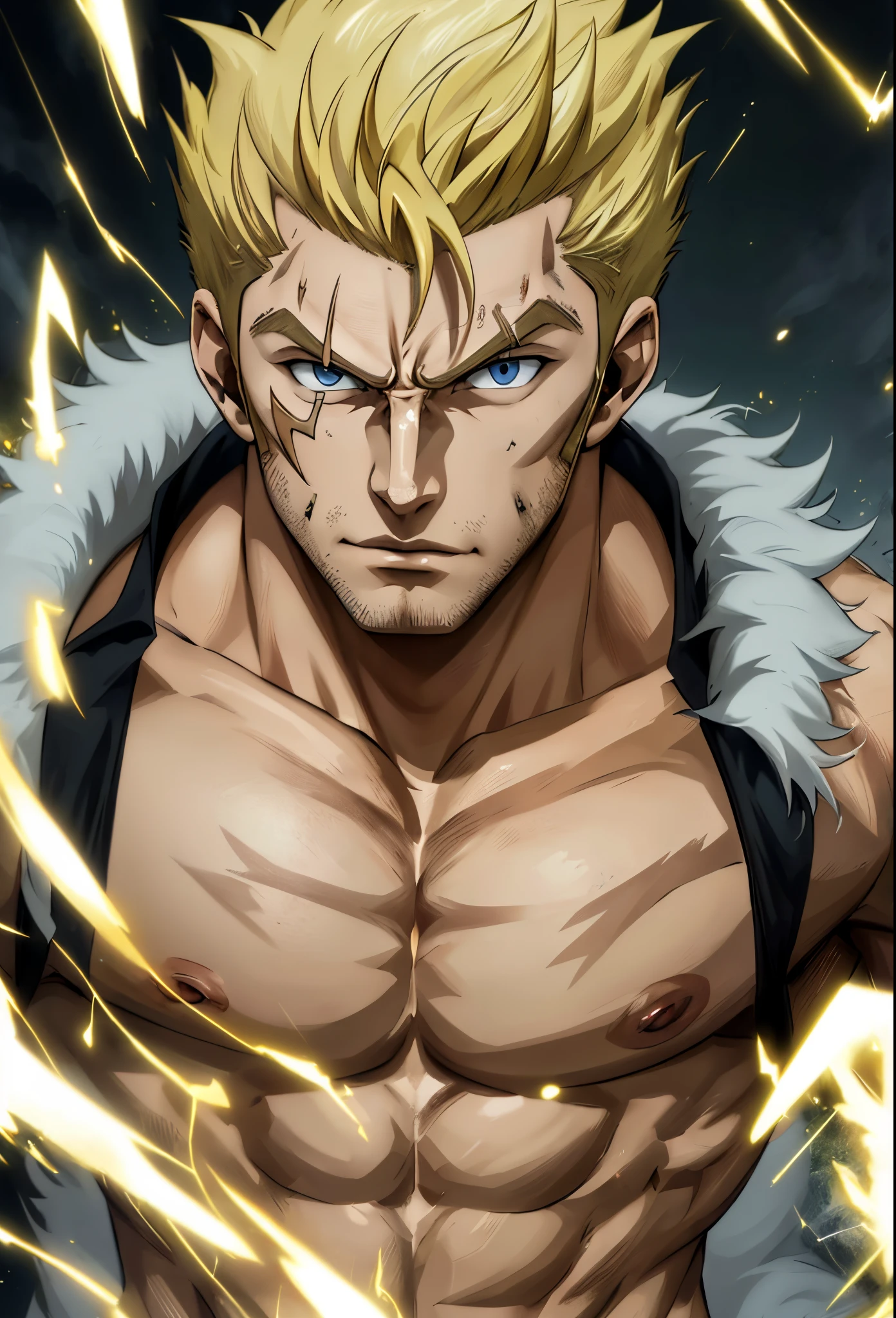 (best quality, high-res, masterpiece:1.2), ultra-detailed, anatomically correct, male, Laxus Dreyar, eye focus, detailed facial features, full body, intense expression, dramatic lighting, electric aura, full body,