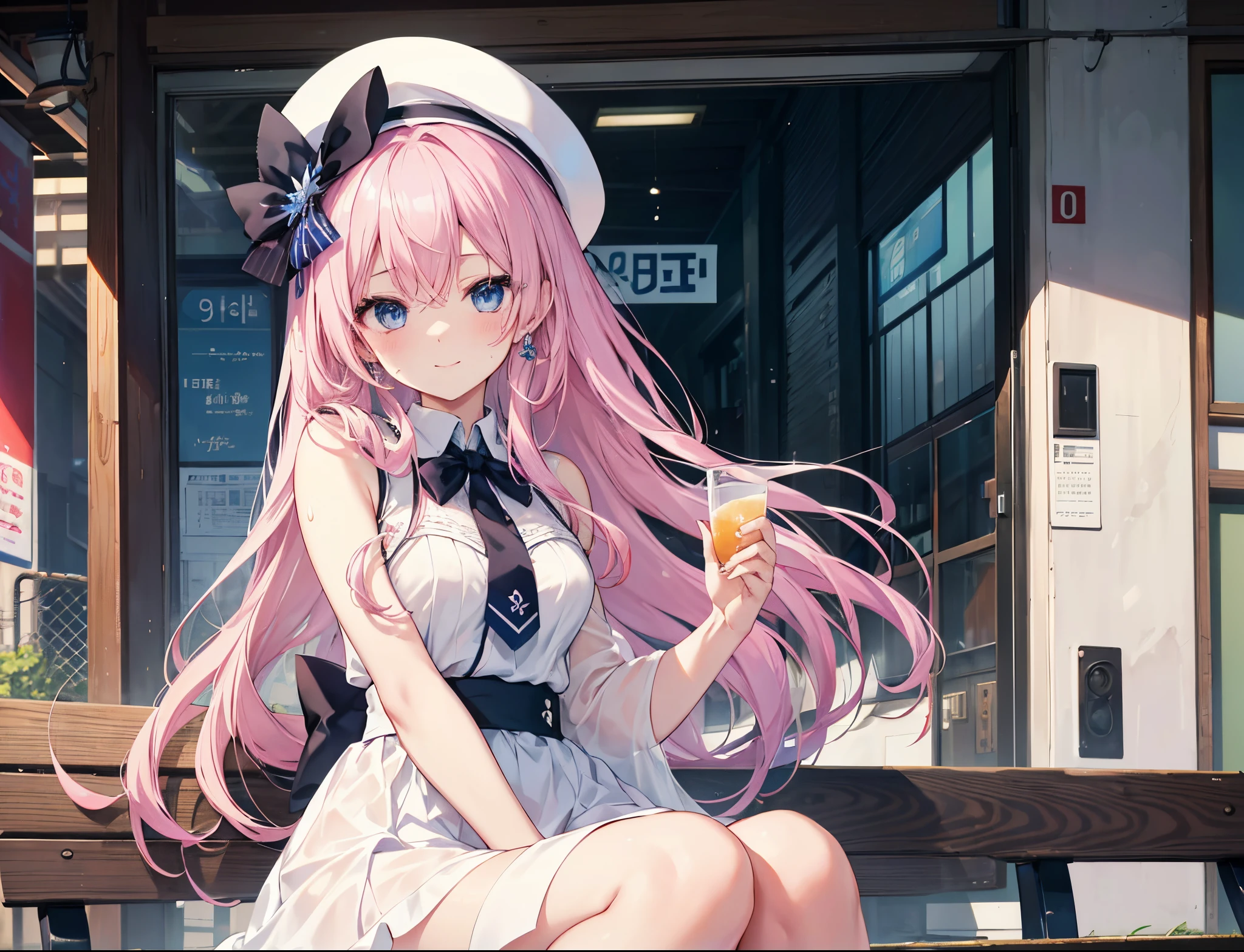 high-level image quality、High-performance、highdensity、Super fine、animesque、Woman、Background of Shinjuku City、Sitting on a bench、have a drink in your hand、White Dress、white stylish hat、Shy face、A smile、Sweat all over the body、beautiful skin like a fairy、sharp、woman、Beautie、Pink hair、Blue eyes、hair grows below waist、Bust 95、waist 61、hip 91、Welcome to the classroom where ability is the best! Honami Ichinose motif
