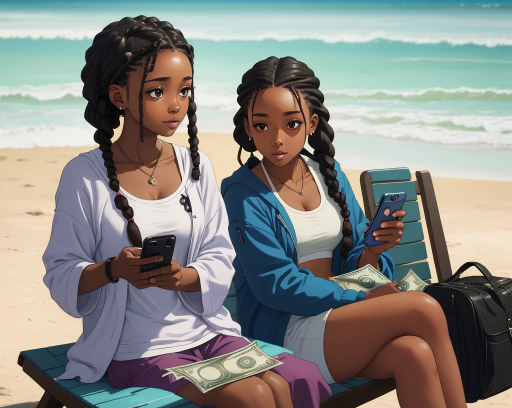 Black girl with long braids sitting on a beach holding two cell phones and money all around