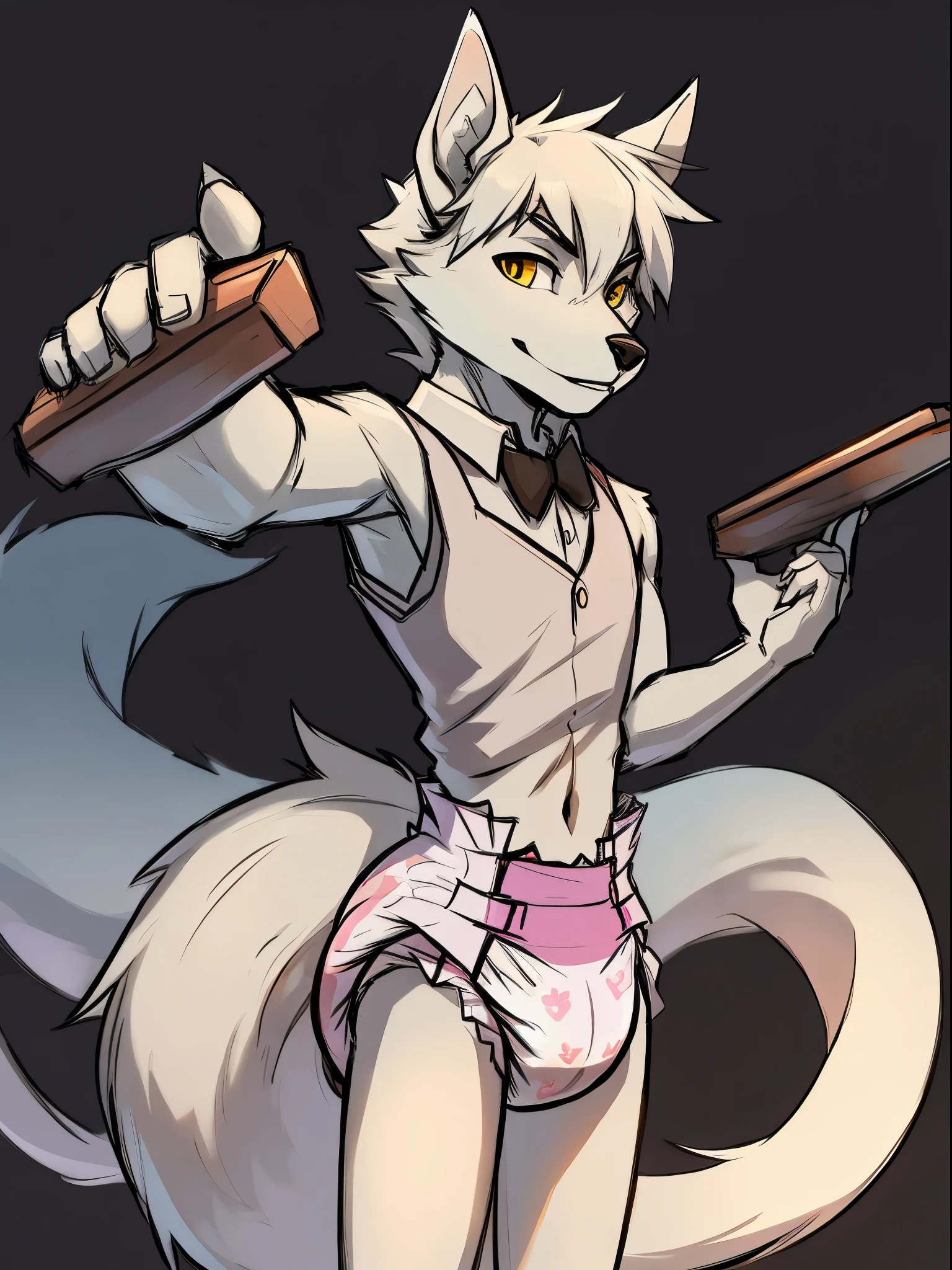 Male, arctic wolf, detailed yellow eyes, long tail, bartender, slim, sly, simple background, detailed plain diaper, diaper with 4 tapes, reaching out
