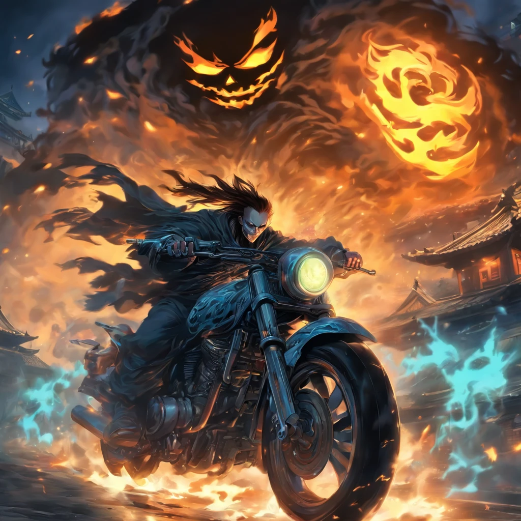 Chinese style，The medium scene is，The Taoist priest stood in front of the huge roaring evil spirit，blue colors，stretch out your hands，Long messy hair，glowing effect，hyper realisitc，ultra real photo，Chinese black and white ink style，Plata，decolorization，soile，8K，ultradetailed，high high quality，OC renderer has the best quality, tmasterpiece, 超高分辨率, (realisticlying:1.4), RAW photogr, (Perfect body shape), (Slim:1.2), Close-up of a man on a motorcycle，Pumpkin on top, Ghost Rider, halloween art style, halloween theme, motorcycle concept art, background artwork, the motorcycle, Cyclists, halloween atmosphere, halloween night, halloween, jack-o-lanterns, halloween scene, Spooky Halloween theme, heavy metal art style, halloween celebration, harley davidson, 《dark blood》Halloween themed dynamic poses, Plaid mini skirt, in the darkness nigth, the night, Have on the street, deepshadow, low pitch, Cold light 12000K