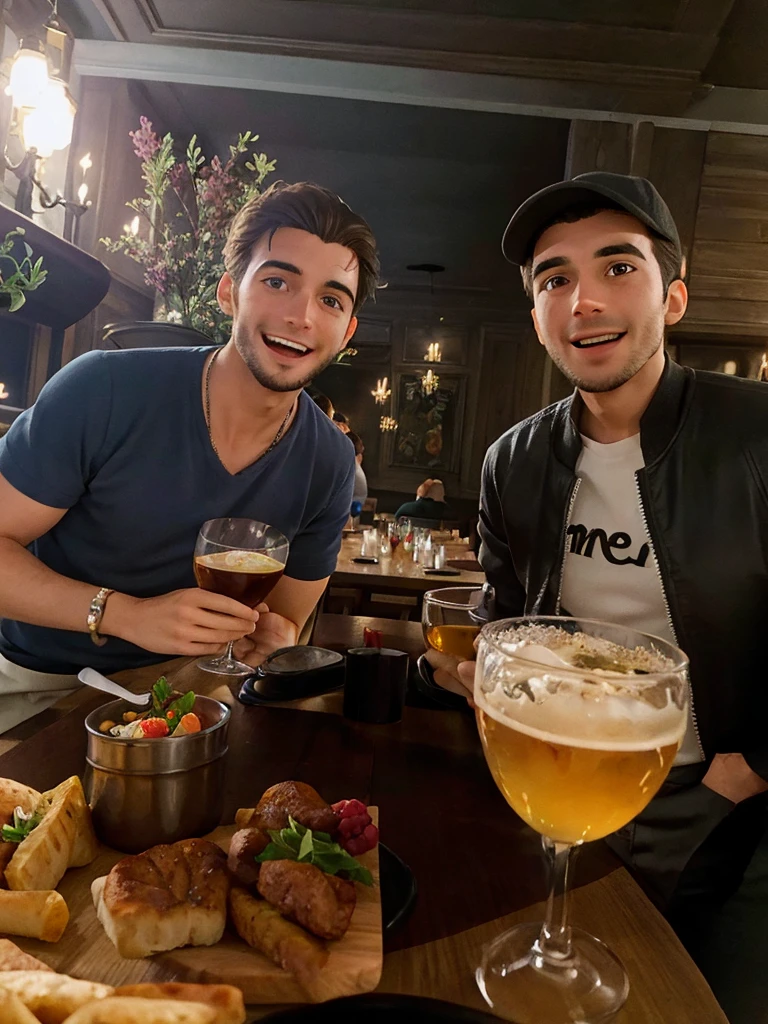 Homme et sont frères heureux d&#39;être au restaurant ensemble