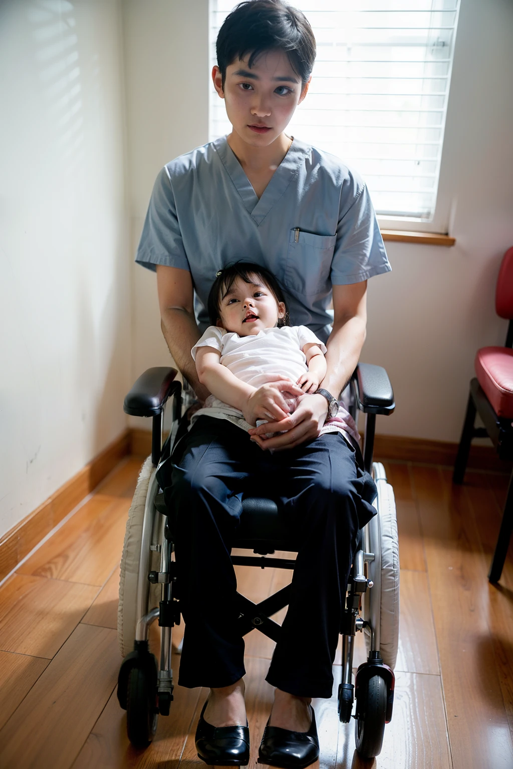 ((Best quality at best)), ((Son)), (fathery), sickroom,Patient gown,wheelchair