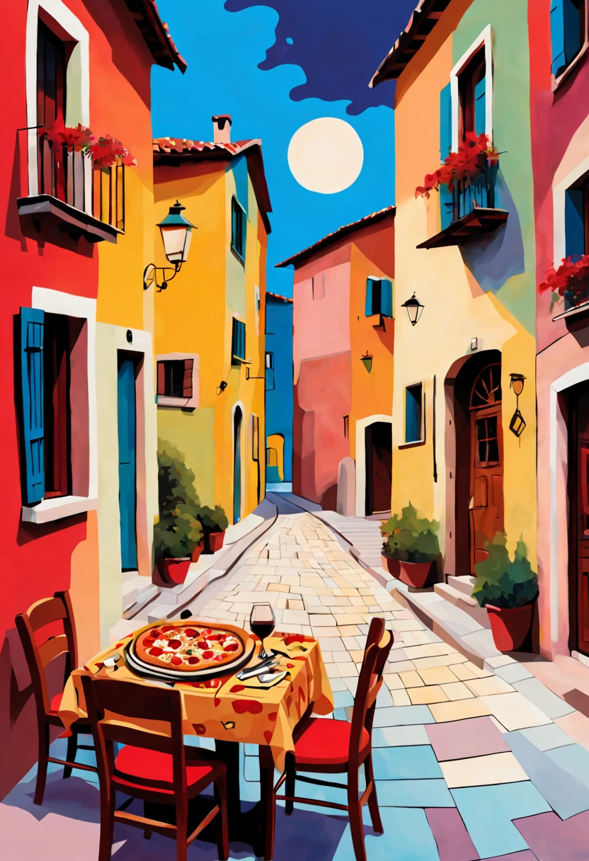 Small Italian village, pizza restaurant, red wine Kandinsky style, in the Picasso style, iintricate, extremly high detail