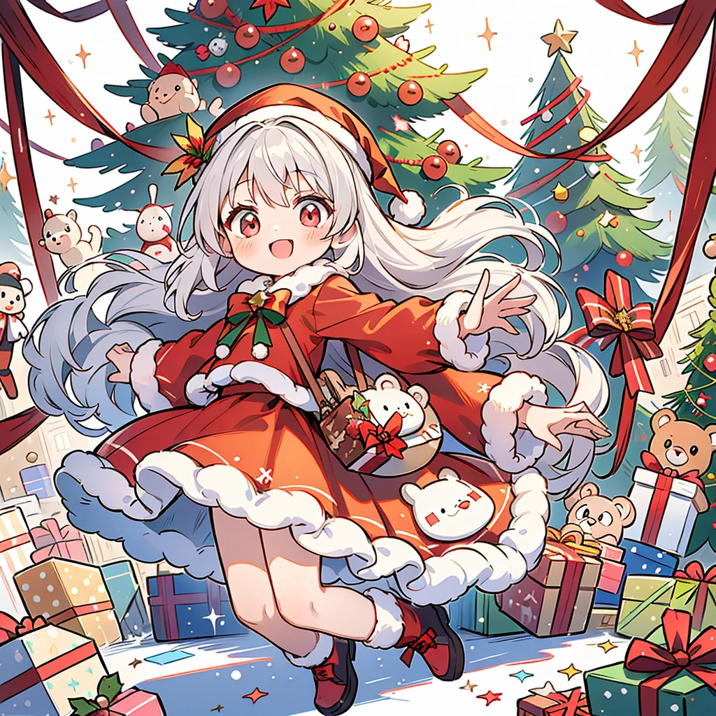 Poster making,Children's Day,Christmas,1 little girl,a smile,Silvery hair,Hexenhaus,Santa Claus red clothes,Santa Claus's red hat,present,Christmas tree,teddy bears,gingerbread man,yuki,Happy,happy,Jumping, Happy --v 6