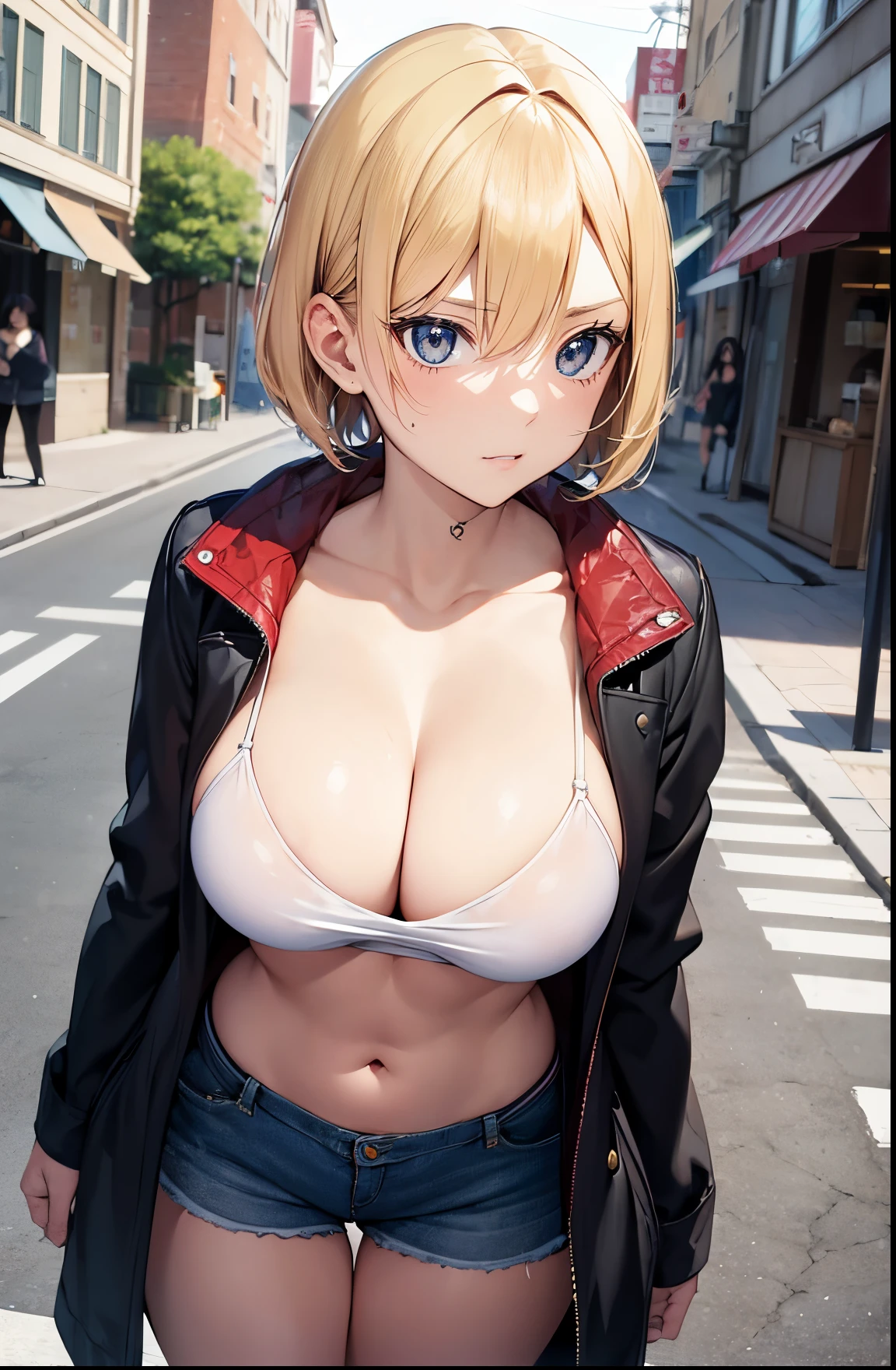 2D Anime Style、Blue eyes、Beautiful shining eyes, (Talented lo-fi:1.3),breasts are slightly larger、high and beautiful nose,Beautiful profile with a slender outline,An adult woman with cool short blonde hair......................、Angry look,Fashion that shows your stomach and cleavage, he is wearing a red top and shorts、and is wearing a long black coat。。。。。。..,walking down the streets of america,