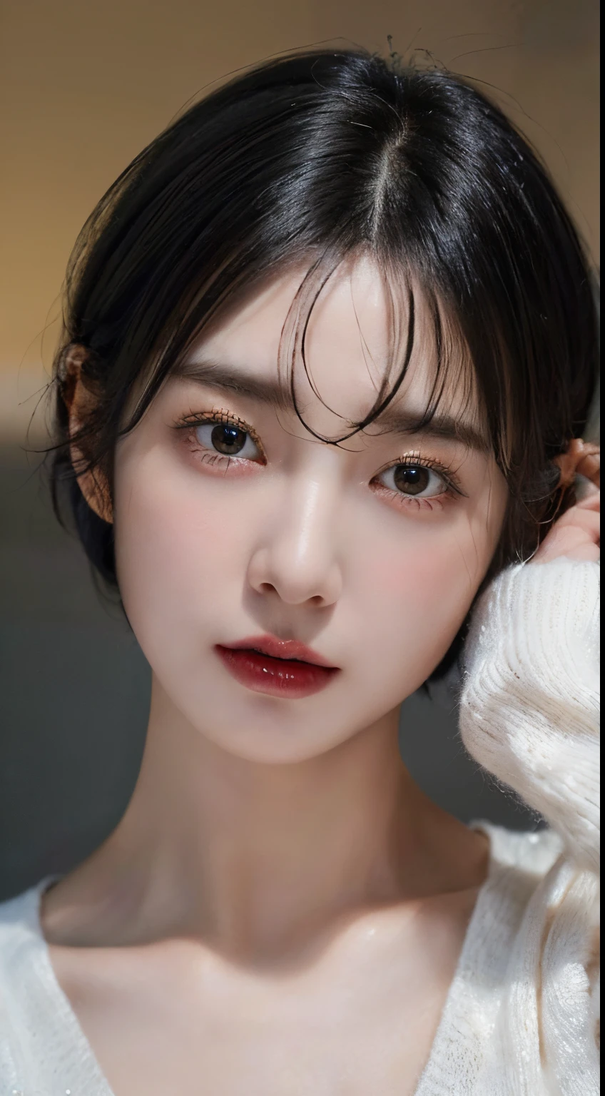 (masterpiece:1.3), (8k, photorealistic, RAW photo, best quality: 1.4), (1girl), beautiful face, (realistic face), (black hair, short hair:1.3), beautiful hairstyle, realistic eyes, beautiful detailed eyes, (realistic skin), beautiful skin, (sweater), absurdres, attractive, ultra high res, ultra realistic, highly detailed, golden ratio