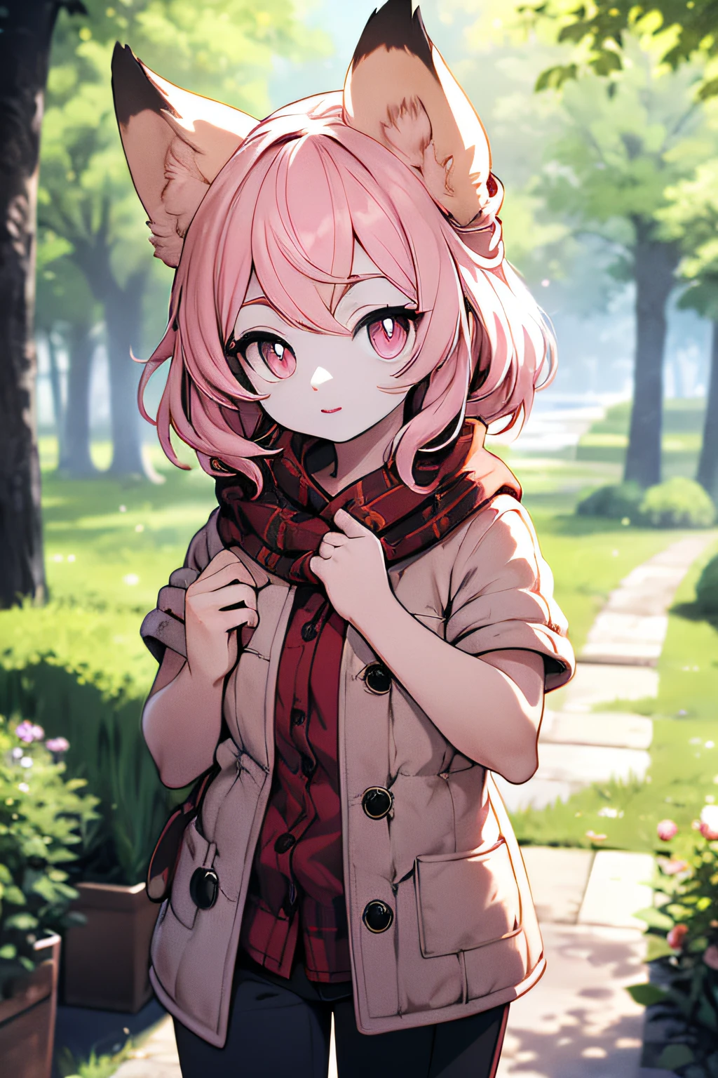 A high resolution, depth of fields, tmasterpiece, Best quality, Shawl hair, Alone, looking at viewert, irate,shaggy,Red Fox,cute big breasts,bit girl,blonde with blue eyes,Pupils in pink color,short- sleeved,Half-off coat,shorter pants