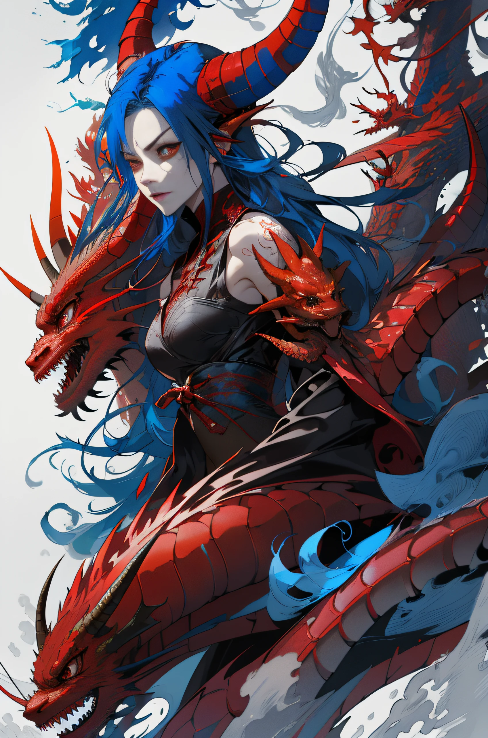 1girll, Half Ice Dragon, Red color eyes,flame tattoo red,gothic maiden anime girl ((((Blue hair)))), ((((Red Dragon Horn)))), Medieval armor ((Flat chest)), (((Detal Face))) ((((8K resolution)))), Master parts, 4K 分辨率, ((high high quality))