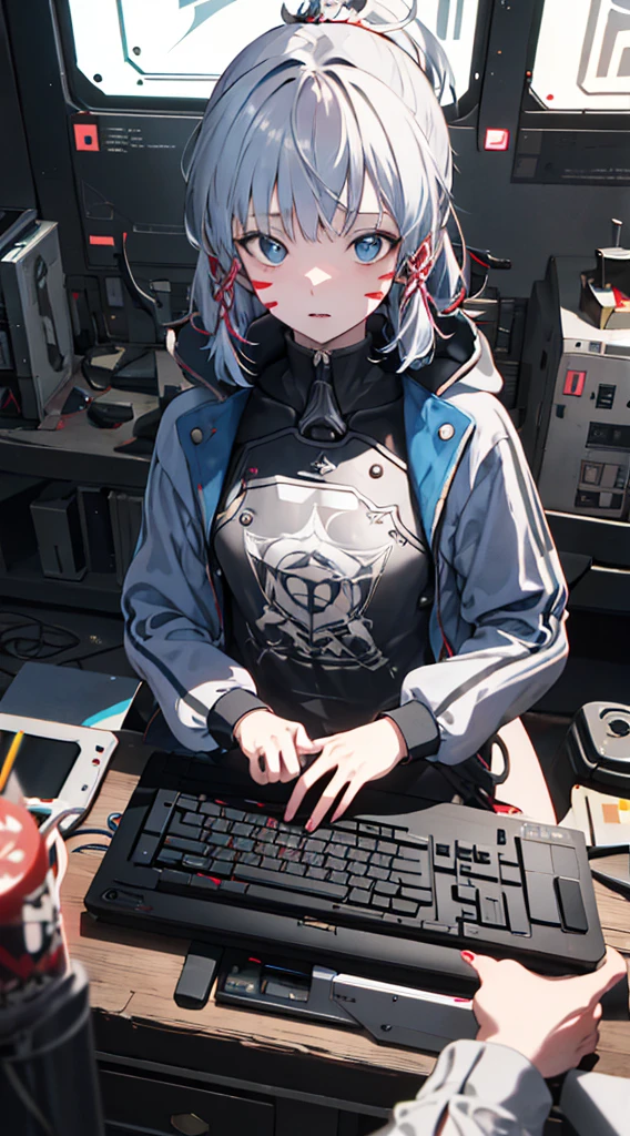 graffitti colourful face, sitting on computer, wearing sci-fi jacket, Surrealism, drop shadow, anaglyph, stereogram, pov, atmospheric perspective, super detail, ccurate, best quality
