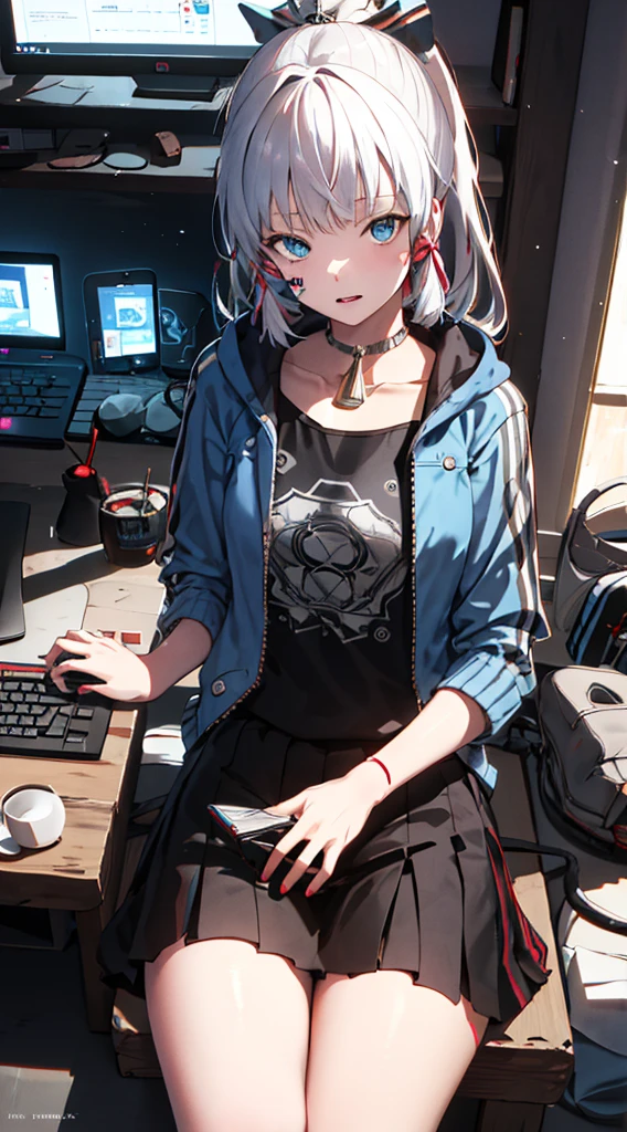 graffitti colourful face, sitting on computer, wearing sci-fi jacket, Surrealism, drop shadow, anaglyph, stereogram, pov, atmospheric perspective, super detail, ccurate, best quality