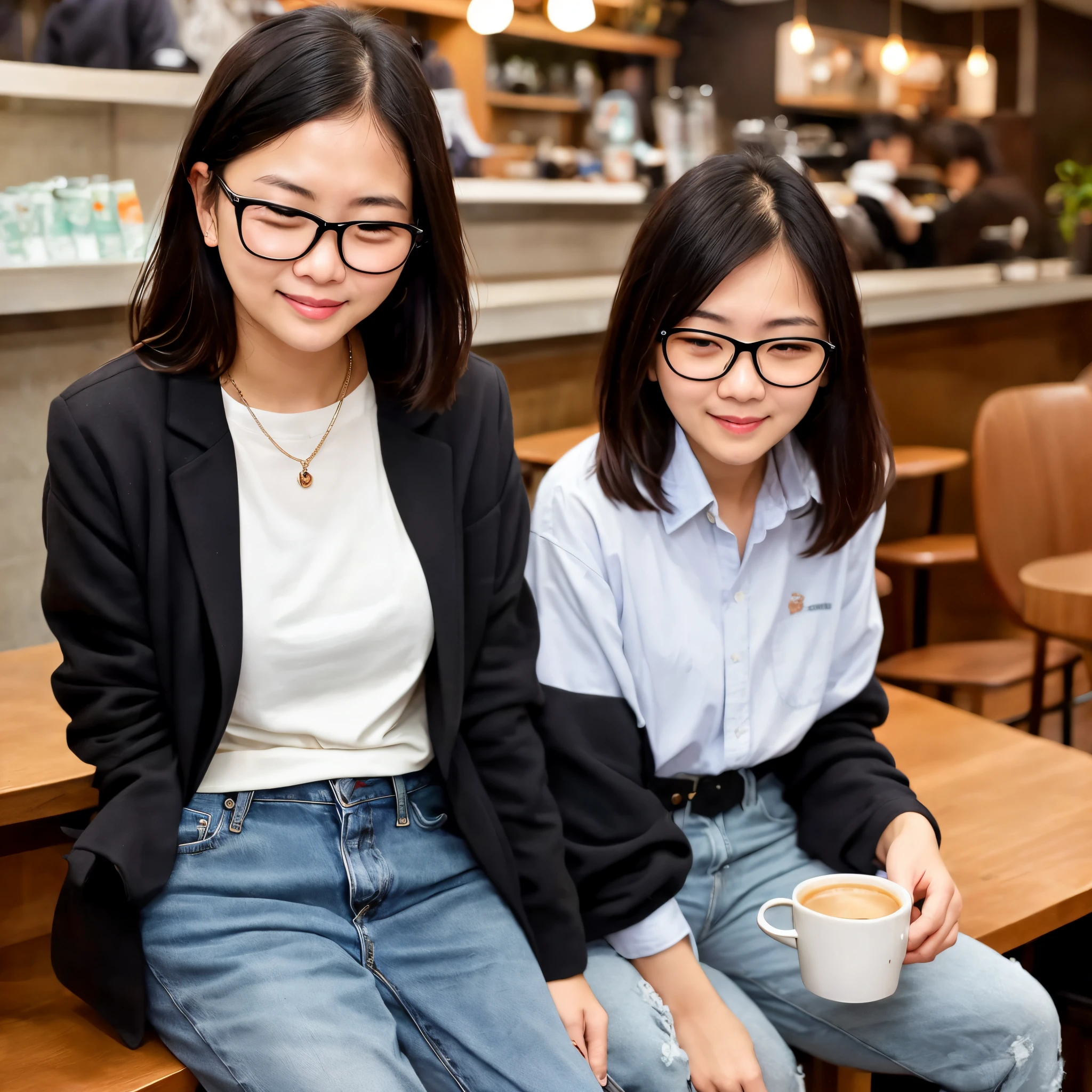 top-quality、(Photorealsitic:1.2)、1girl in、独奏、shinny skin、A detailed face、sface focus、A dark-haired、(eye glasses)、bob cuts、(look at viewr:1.5)、black eyes、(one eye closed)、white shirt、torn jeans、Arafed woman with glasses sitting on a block with her hand on her chin、cropped shirt with jacket、Short jacket、Korean women's fashion models、Square glasses、 Chung-hwa、bespectacled、Burmese girls、Modern casual clothing、、Gorgeous young Burmese female Asian wearing black glasses、4K、rialistic photo、45 year old mature woman、Wearing glasses。The glasses are square and elongated black.。breasts are small。Winter clothes that don't show skin, straight hair、rcasual。Drinking coffee at a clothes cafe、Cafe at night