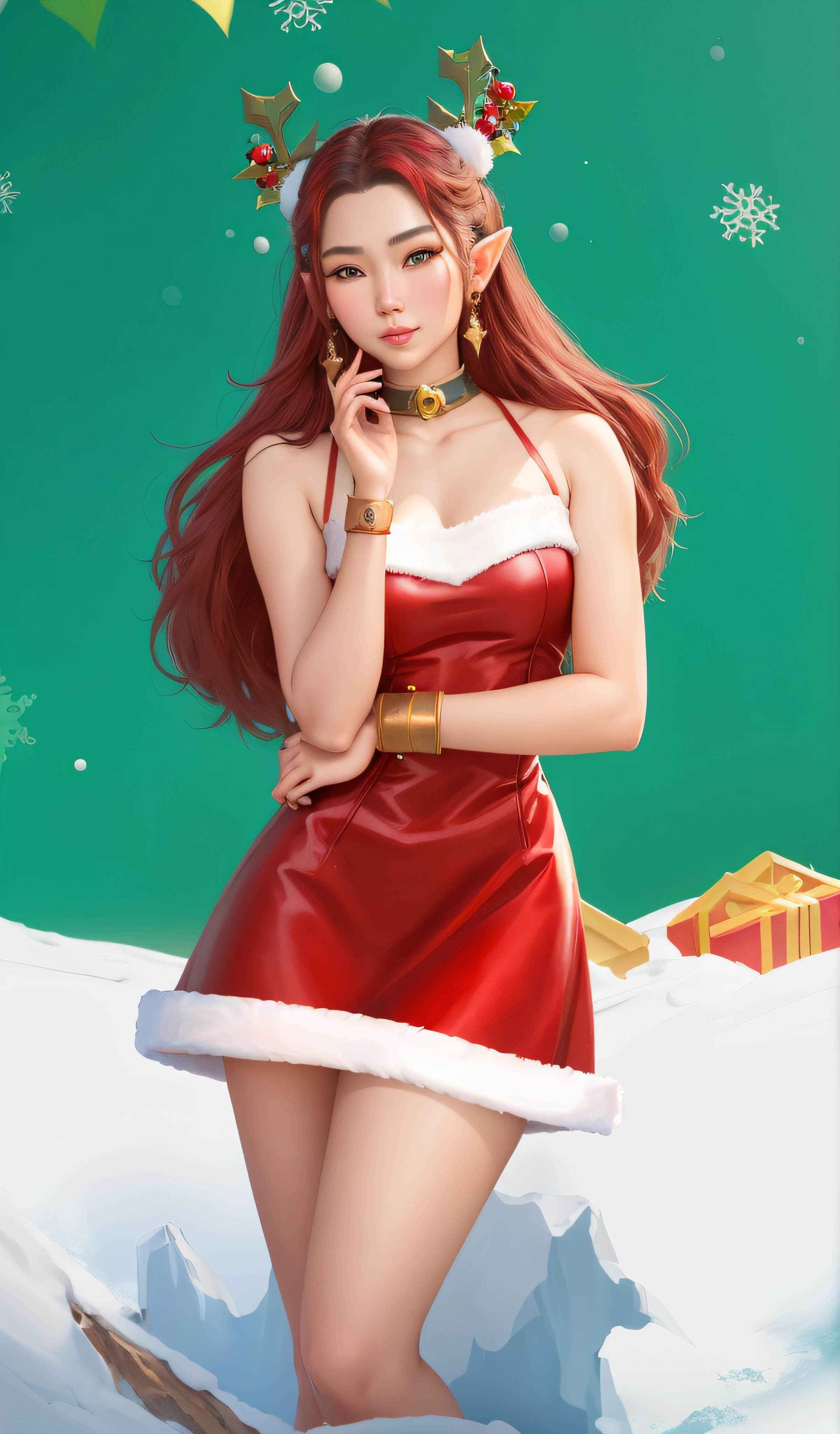 There's a woman in a Santa Claus costume posing for a photo, Popular topics on cgstation, Elf Girl, Inspired by Shen Si Zheng, gas station trends, Ross Painting 1. 0, change, most models | Art germ, style artgerm, vacation, 2 d CG, Elf beauty, deviantart art station cgscosiety