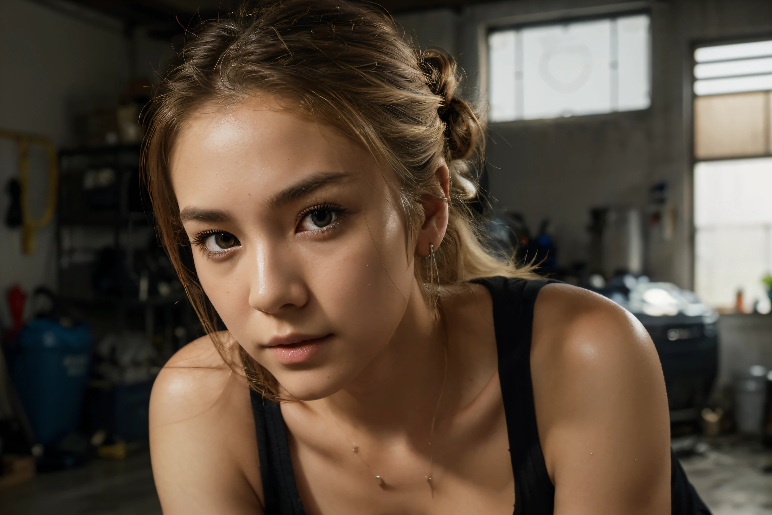 beautiful korean with blonde hair using black tank top , detail face, she have a very bright eyes, realistic face, detail face, realistic skin, skin pore, vibrant, dramatic lighting, 8k resolution picture, high detail on the photo, very realistic picture, dramatic lighting, fullbody, depth, shadow, dramatic shadow, one of a kind photo, sharp photo, sharpness on the detail, looking at the camera, half body view, (((Best Quality, masutepiece: 1.3)), long hair, ultra high res. photorealistic:.1.4, garage background, cinematic lighting, bloom, film grain, Fujicolor, high quality, masterpiece, 8K, UHD, UHD, retina, textured skin, super detail, high details, highres, 16k resolution, award winning, high quality, high details, super detail, messy bun hair, 45 years old