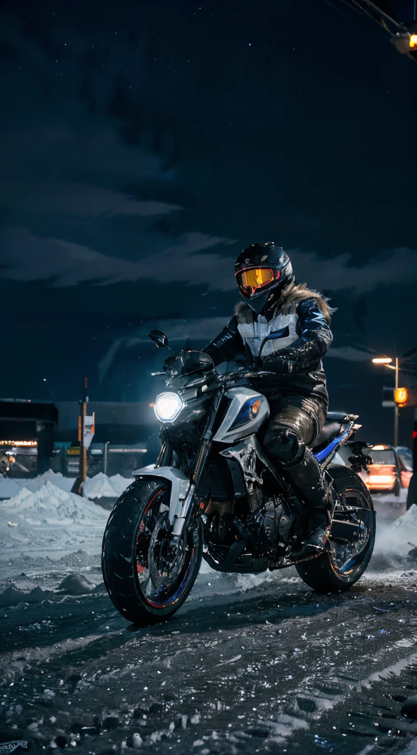 (best quality,4k,highres,ultra-detailed,masterpiece:1.2),realistic,snow,drifting,Yamaha mt-07,night,cityscape,neon lights,icy surface,winter colors,sharp focus,cold atmosphere,fast-paced action,dynamic,adrenaline rush,smooth lines,icy exhale,motion blur,powerful engine sound,extreme control,skilled rider,exciting scenery,beauty in movement,aurora borealis glimpse,unforgettable experience,thrilling sensation,high-speed drift,snowflakes swirling,nighttime adventure,urban landscape,fluid motion,exciting twist,heart-pounding ride,vivid colors,striking contrast,urban chaos,unpredictable maneuvers,mesmerizing performance,freezing temperature,exhilarating sensation,red and blue lights,nighttime escapade