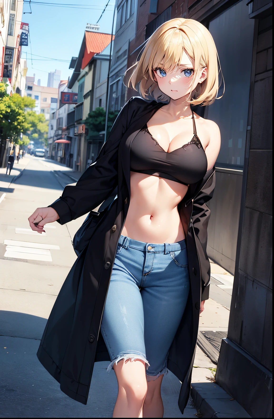 Best Quality,hight resolution, 2D Anime Style、Blue eyes、Beautiful shining eyes, (Talented lo-fi:1.3),breasts are slightly larger、high and beautiful nose,Beautiful profile with a slender outline,An adult woman with cool short blonde hair......................、Angry look,Fashion that shows your stomach and cleavage, he is wearing a red shirt and pants、and is wearing a long black coat。。。。。。..,walking down the streets of america,