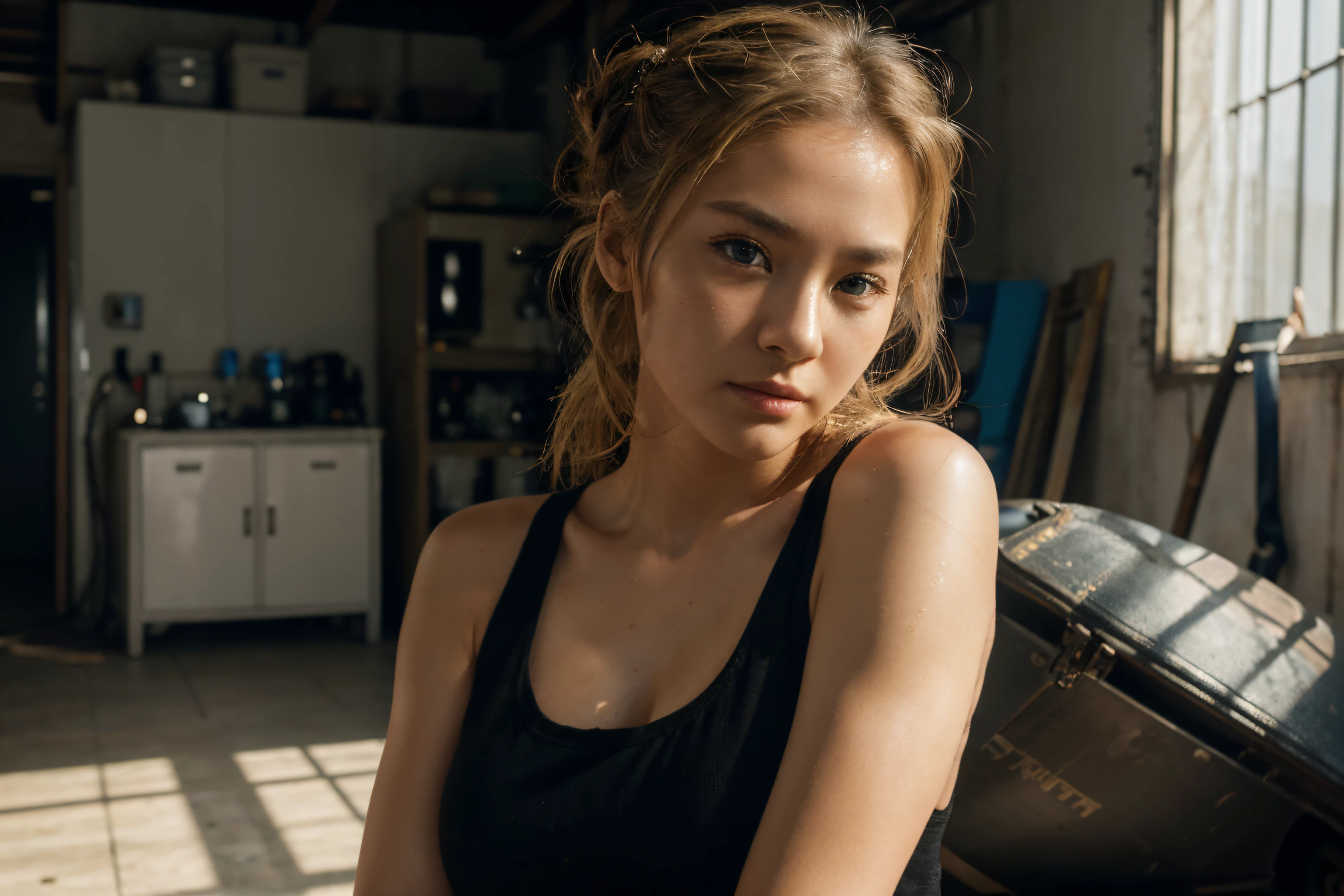 beautiful korean with blonde hair using black tank top , detail face, she have a very bright eyes, realistic face, detail face, realistic skin, skin pore, vibrant, dramatic lighting, 8k resolution picture, high detail on the photo, very realistic picture, dramatic lighting, fullbody, depth, shadow, dramatic shadow, one of a kind photo, sharp photo, sharpness on the detail, looking at the camera, half body view, (((Best Quality, masutepiece: 1.3)), long hair, ultra high res. photorealistic:.1.4, garage background, cinematic lighting, bloom, film grain, Fujicolor, high quality, masterpiece, 8K, UHD, UHD, retina, textured skin, super detail, high details, highres, 16k resolution, award winning, high quality, high details, super detail, messy bun hair, 45 years old