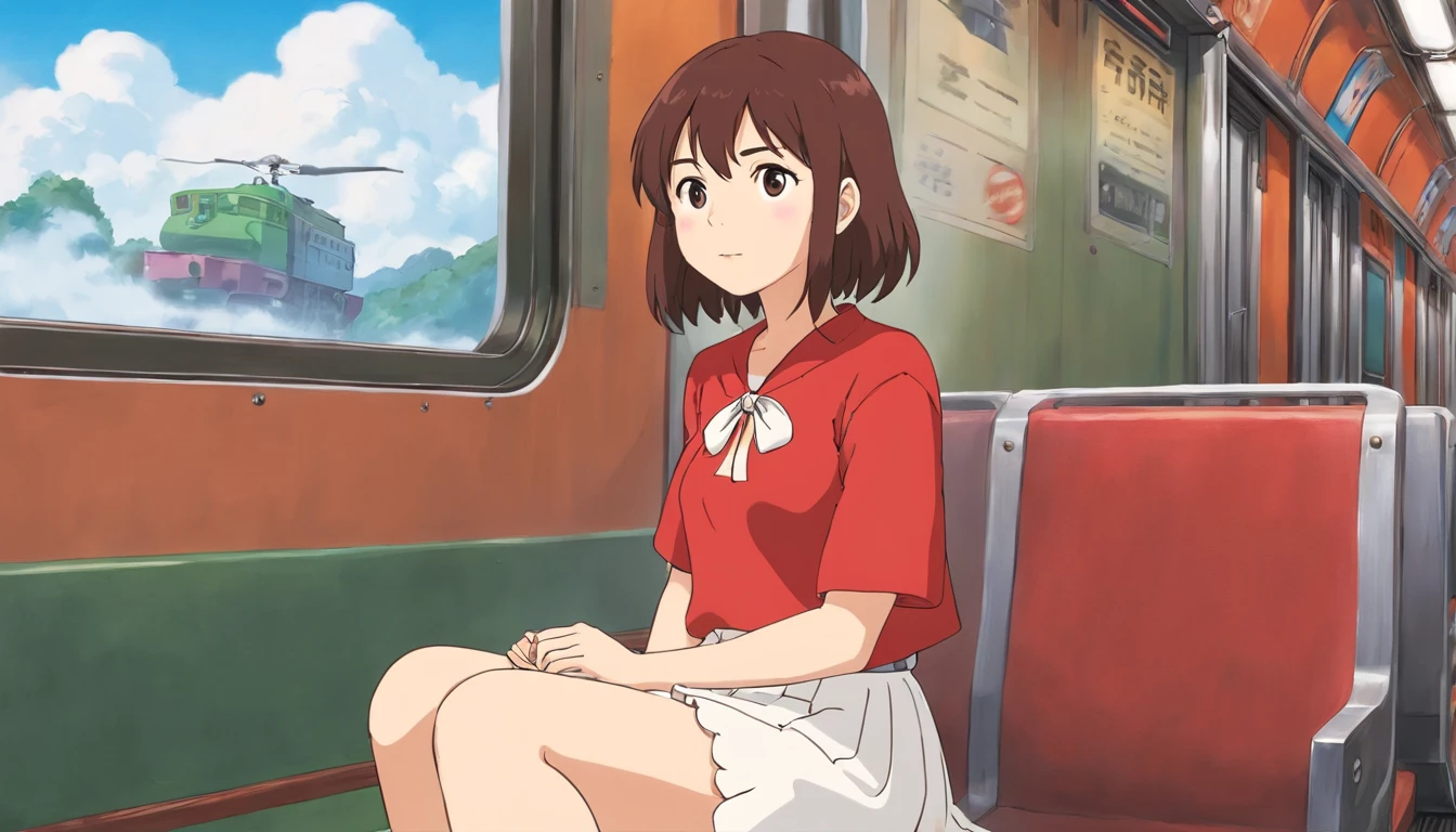 Mei, Wearing a red shirt and white skirt,sitting on the train,