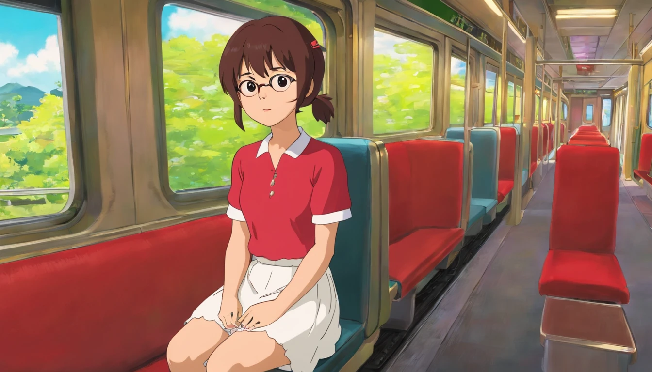 Mei, Wearing a red shirt and white skirt,sitting on the train,